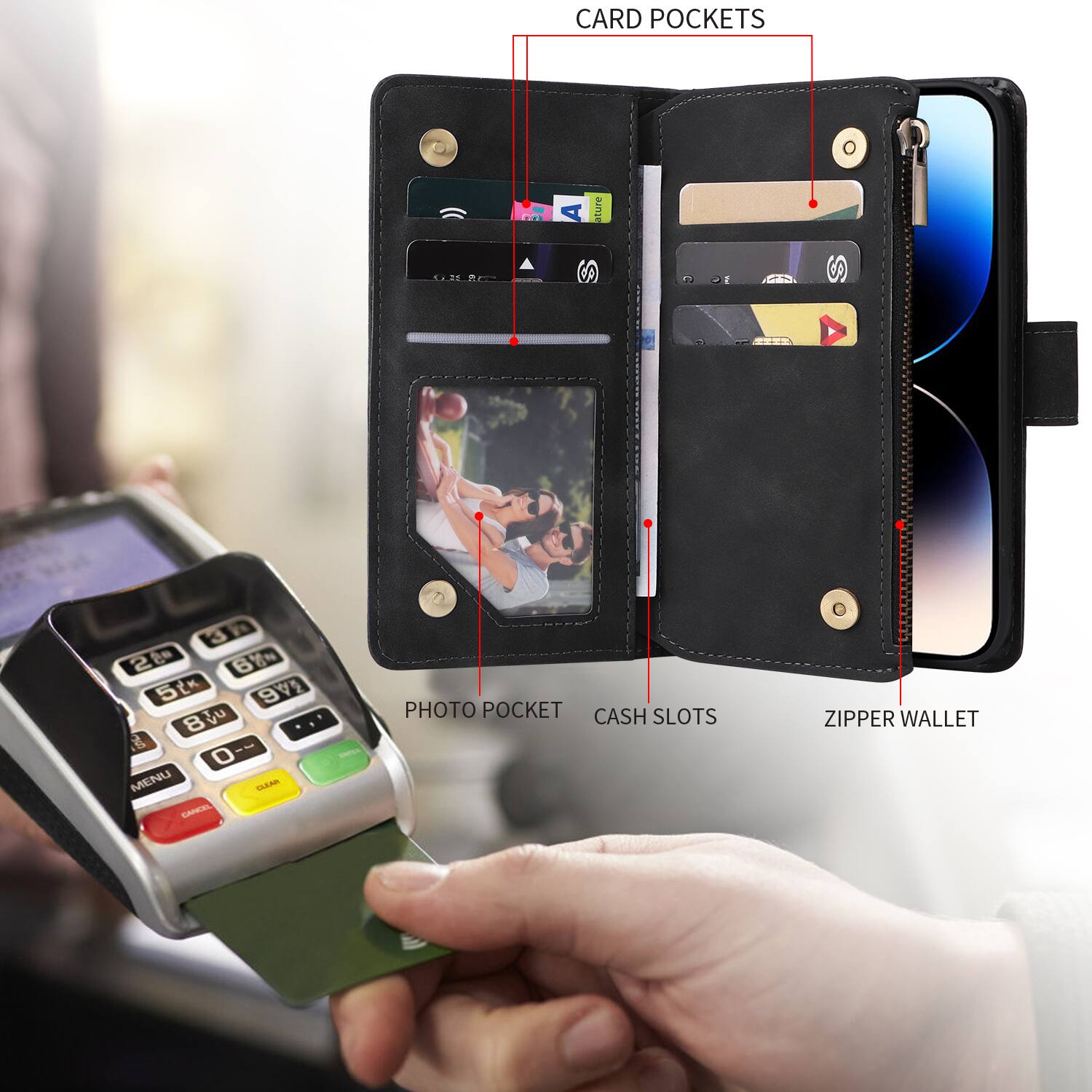 CARD POCKETS

PHOTO POCKET

CASH SLOTS

ZIPPER WALLET