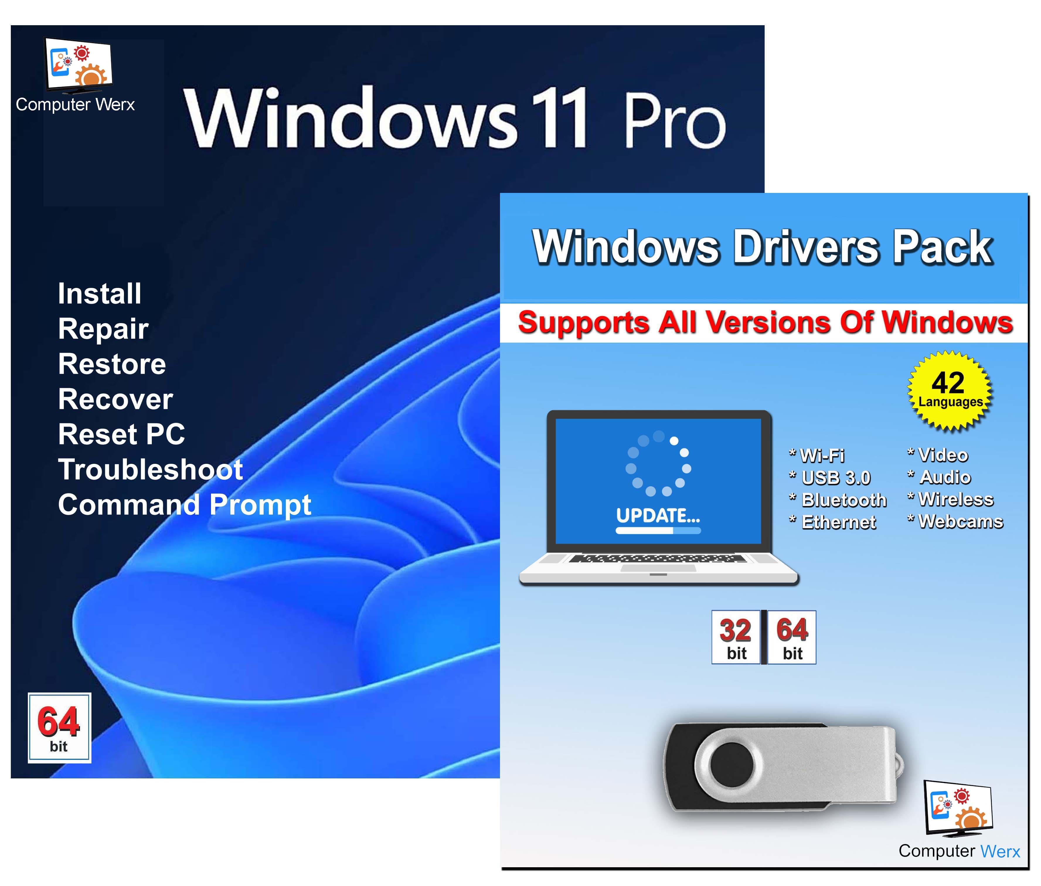 Computer Werx - Windows 11 Professional 64 bit Repair Recover Restore Reinstall USB with Key & Windows Drivers - Windows