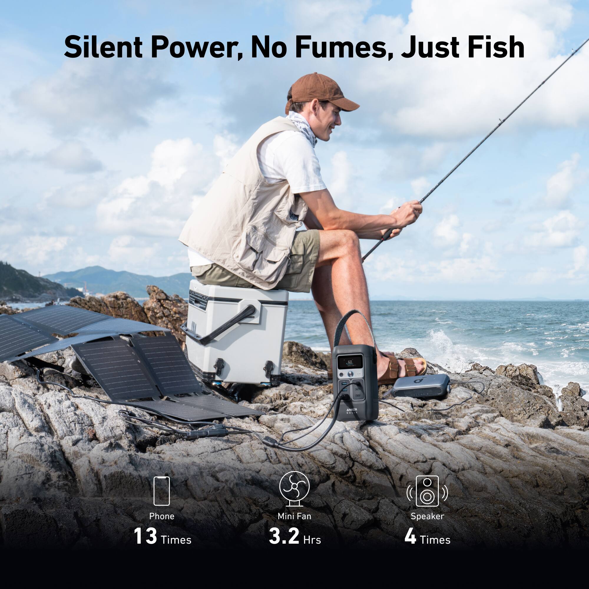 Silent Power, No Fumes, Just Fish

- Phone: 13 Times
- Mini Fan: 3.2 Hrs
- Speaker: 4 Times