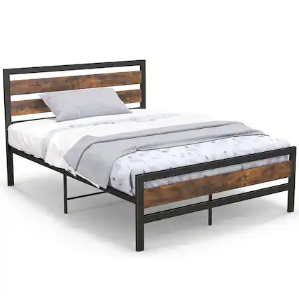 Front. Costway - Costway Full Industrial Metal Platform Bed Frame Rustic Headboard Mattress Foundation - Black.