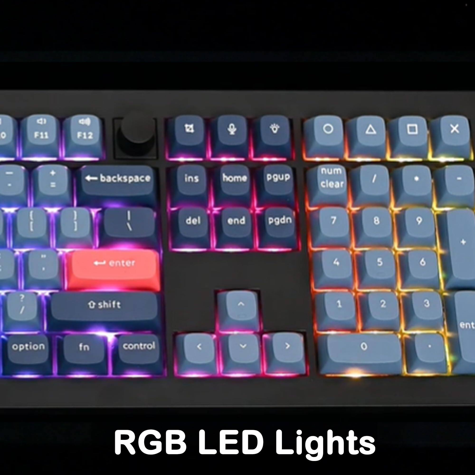 Sure, here is the corrected and grouped text from the image:

- F11 F12
- backspace
- ins home pgup num clear
- I . - [ ] I del end pgdn
- 7 8 9
- enter
- 4 5 6
- shift
- 1 2 3
- option fn control
- RGB LED Lights