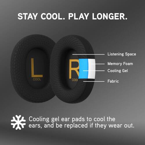STAY COOL. PLAY LONGER.

Listening Space  
Memory Foam  
Cooling Gel  
Fabric

Cooling gel ear pads to cool the ears, and be replaced if they wear out.