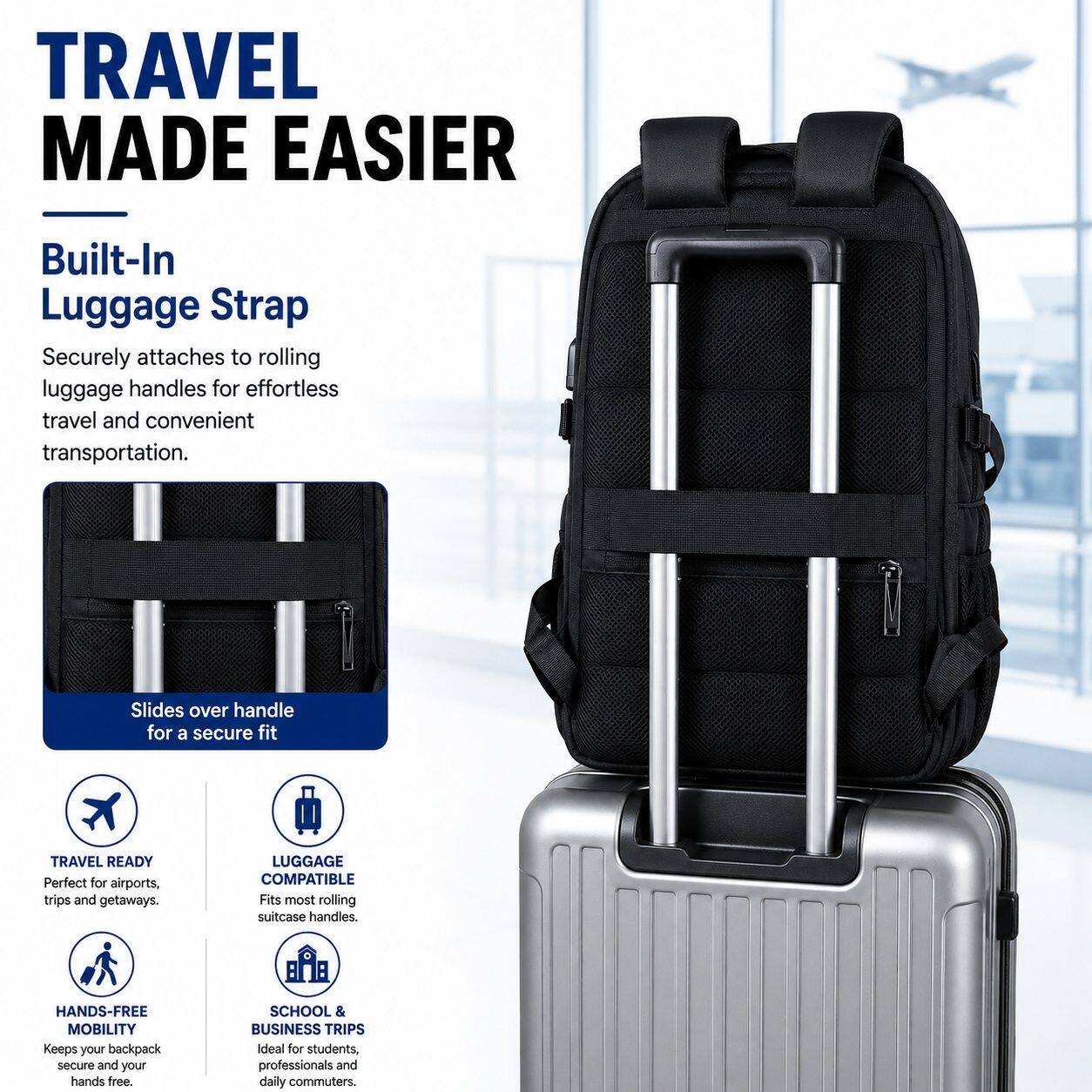 TRAVEL MADE EASIER

Built-In Luggage Strap
Securely attaches to rolling luggage handles for effortless travel and convenient transportation. Slides over handle for a secure fit

TRAVEL READY
Perfect for airports, trips and getaways.

LUGGAGE COMPATIBLE
Fits most rolling suitcase handles.

HANDS-FREE MOBILITY
Keeps your backpack secure and your hands free.

SCHOOL & BUSINESS TRIPS
Ideal for students, professionals and daily commuters.