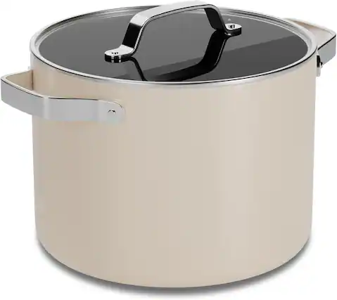 Front. Bakken- Swiss - 8.5 Qt Aluminum Stock Pot, Nonstick Ceramic Coating, PTFE & PFAS Free, Oven Safe 500°F, SS Handles, Glass Lid - Cream.