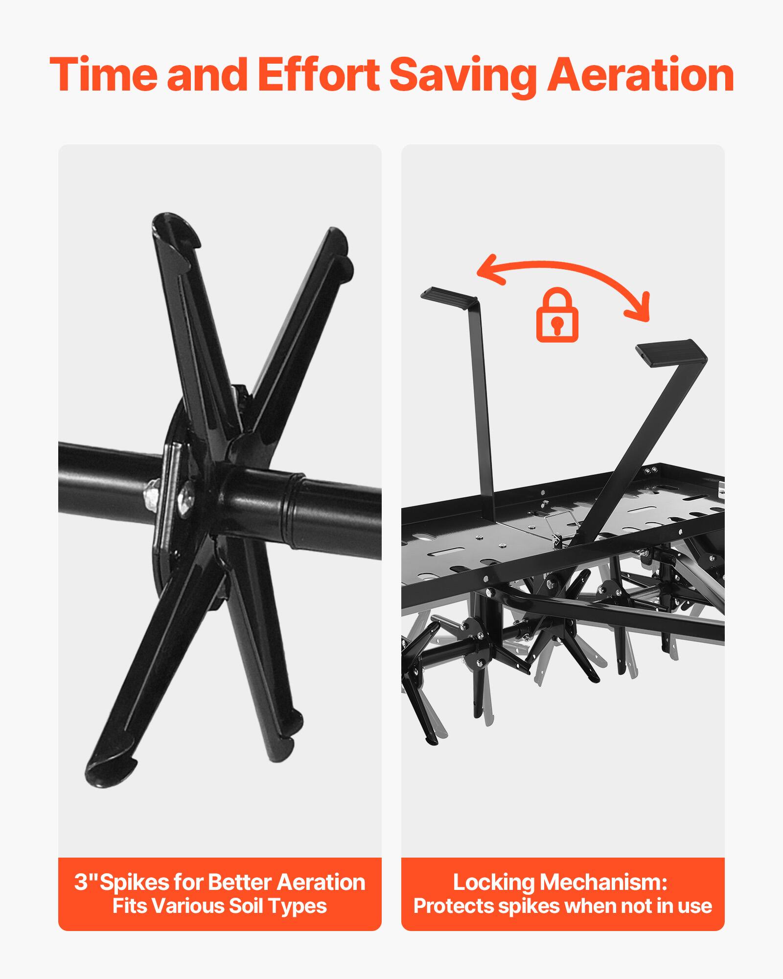 Time and Effort Saving Aeration

3" Spikes for Better Aeration
Fits Various Soil Types

Locking Mechanism:
Protects spikes when not in use