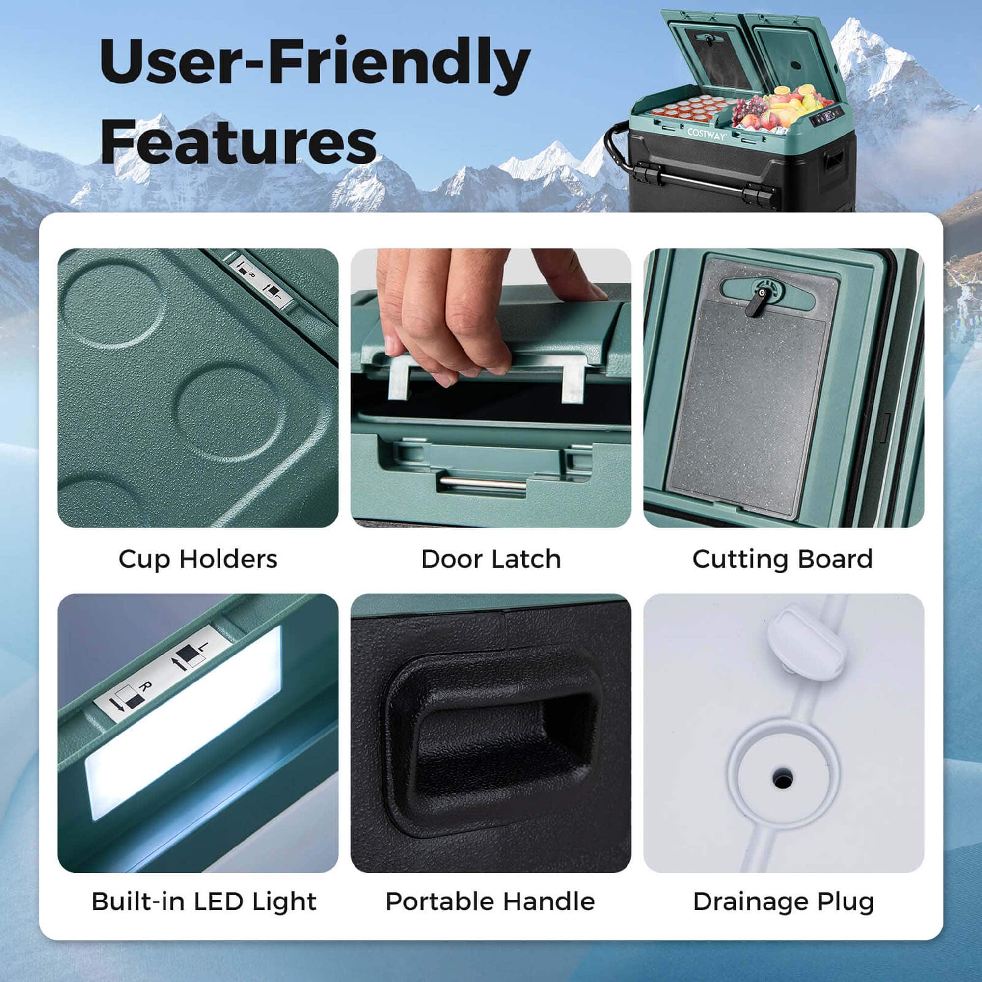 User-Friendly Features:
1. Cup Holders
2. Door Latch
3. Cutting Board
4. Built-in LED Light
5. Portable Handle
6. Drainage Plug