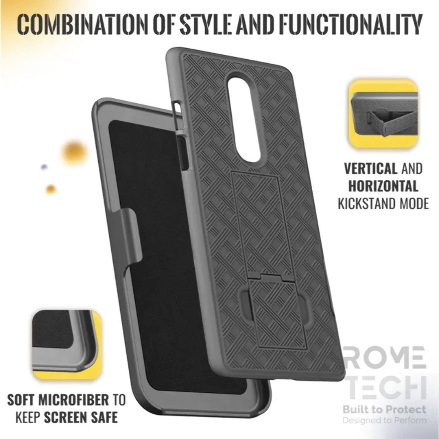 COMBINATION OF STYLE AND FUNCTIONALITY  
VERTICAL AND HORIZONTAL KICKSTAND MODE  
SOFT MICROFIBER TO KEEP SCREEN SAFE  

ROME TECH  
Built to Protect  
Designed to Perform