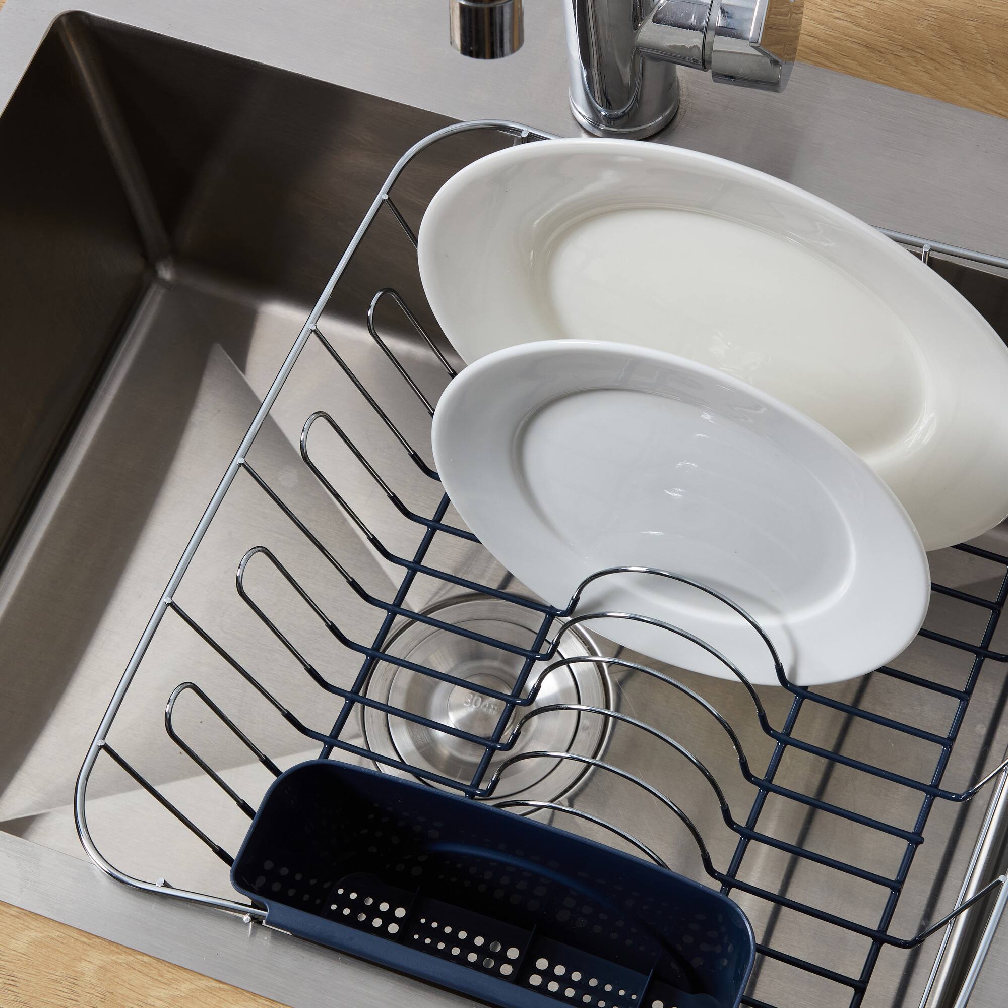 Left. Sweet Home Collection - Chrome Plated Steel 2-Piece Small Compact Dish Drainer - Navy.
