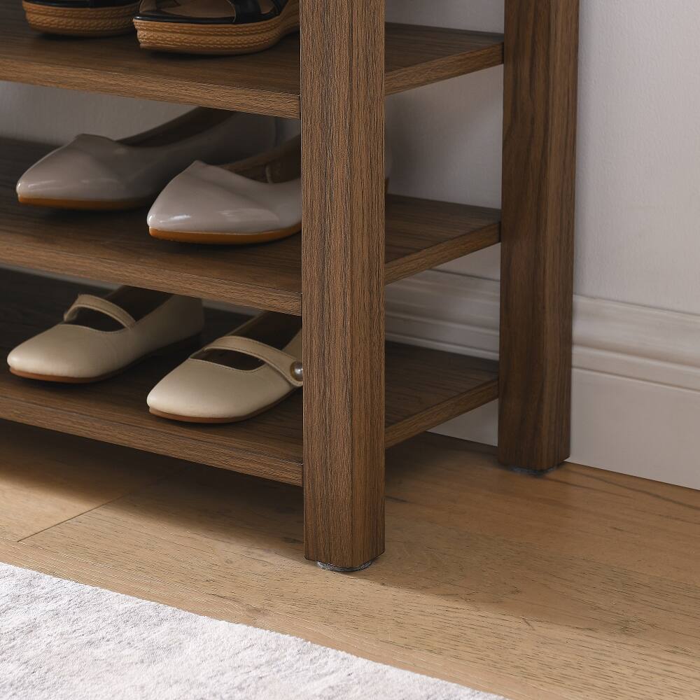 Alt View 3. Ropilly - Ropilly Wooden Entryway Shoe Storage Bench with PU Leather Cushion, Hidden Compartment, 400lbs Capacity, Brown - Brown.