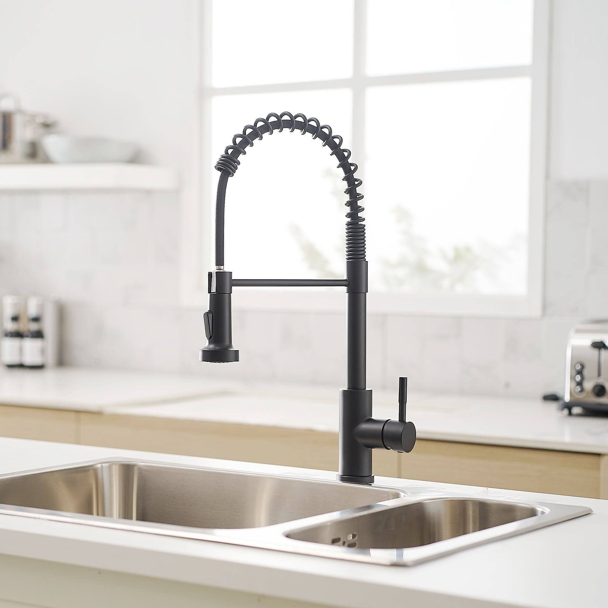 Alt View 9. Boyel Living - Matte Black Single Handle Pull Down Sprayer Kitchen Faucet Stainless Steel with Water Supply Hoses - Matte Black.