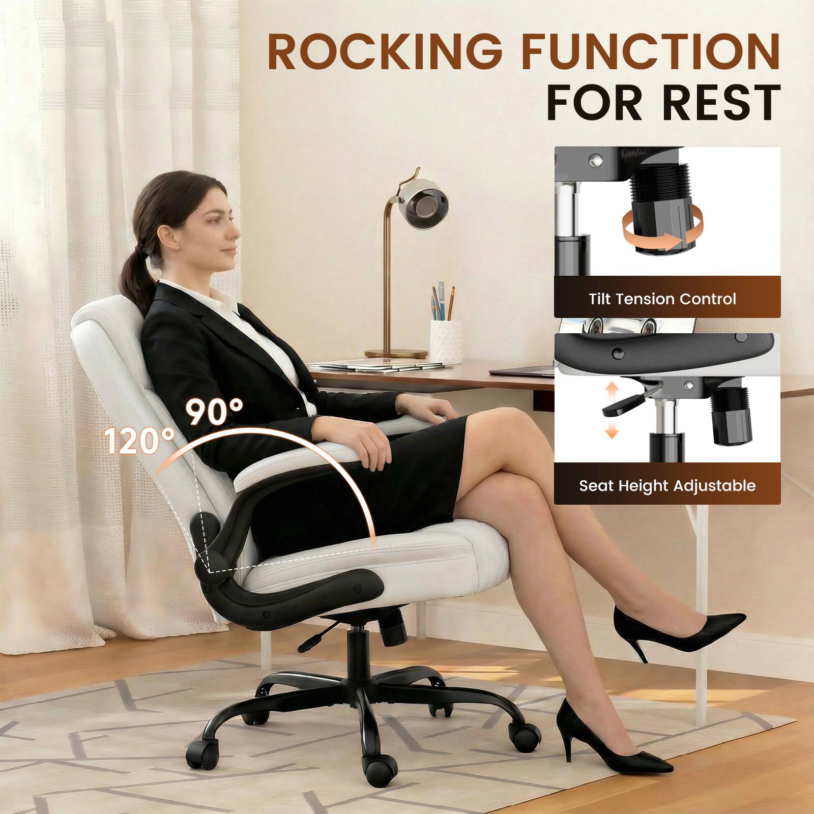 ROCKING FUNCTION FOR REST

Tilt Tension Control

Seat Height Adjustable