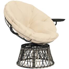Outsunny - Swivel Outdoor Papasan Chair, 39" Overstuffed Circle Chair with Side Tray - Beige
