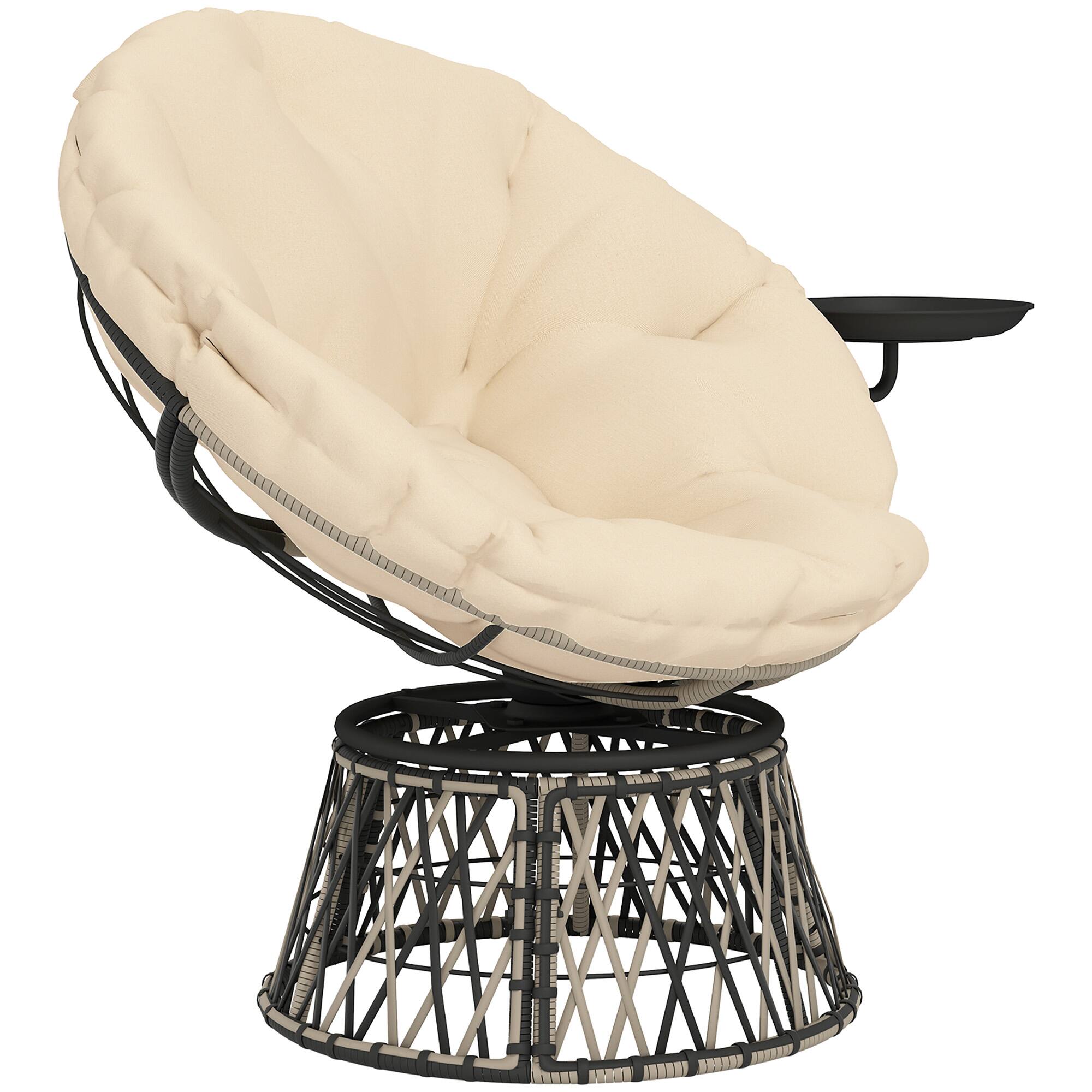 Front. Outsunny - Swivel Outdoor Papasan Chair, 39" Overstuffed Circle Chair with Side Tray - Beige.