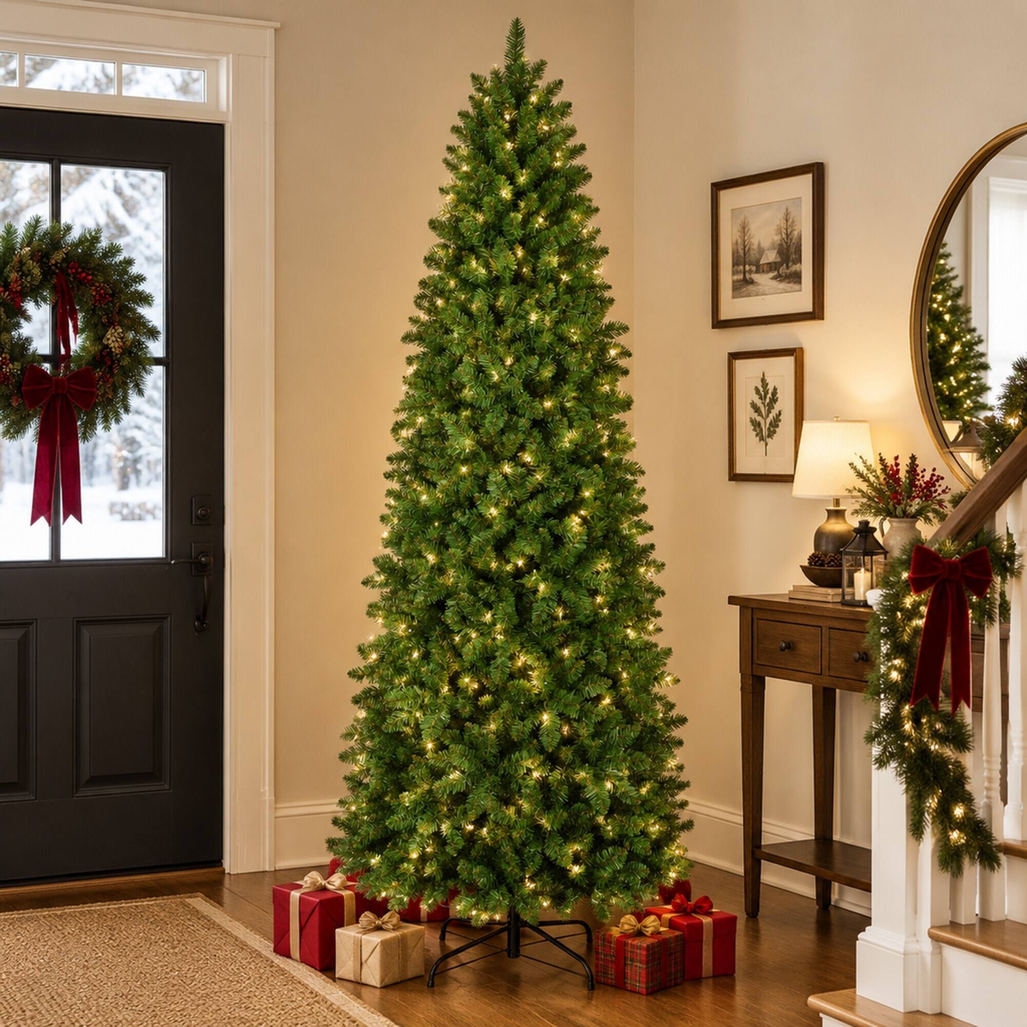 Alt View 1. RYHNUYNE - 9FT Pre-Lit Pencil Christmas Tree With Warm White and Multi-Color LED Lights, Realistic Spruce and Metal Base - Green.