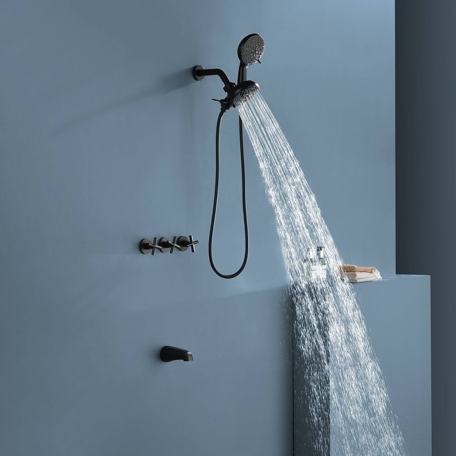 Alt View 3. Boyel Living - Matte Black Shower Set with Three Handle Control and Seven Function Dual Shower Heads - Matte Black.