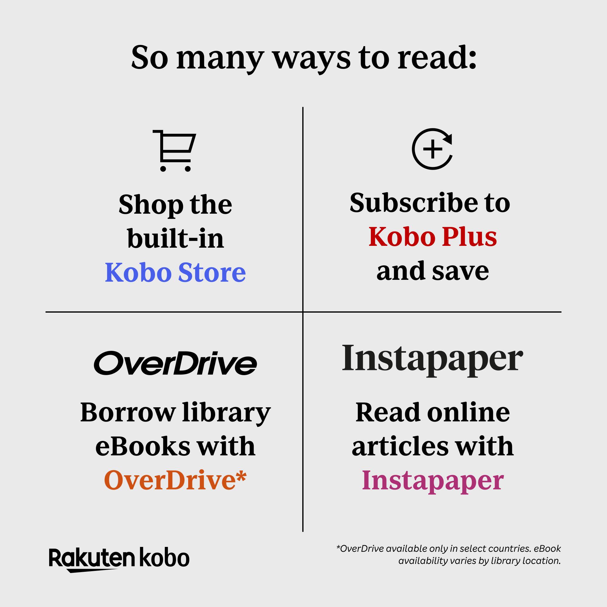 So many ways to read:

- Shop the built-in Kobo Store
- Subscribe to Kobo Plus and save
- OverDrive: Borrow library eBooks with OverDrive*
- Instapaper: Read online articles with Instapaper

*Rakuten kobo
*OverDrive available only in select countries. eBook availability varies by library location.