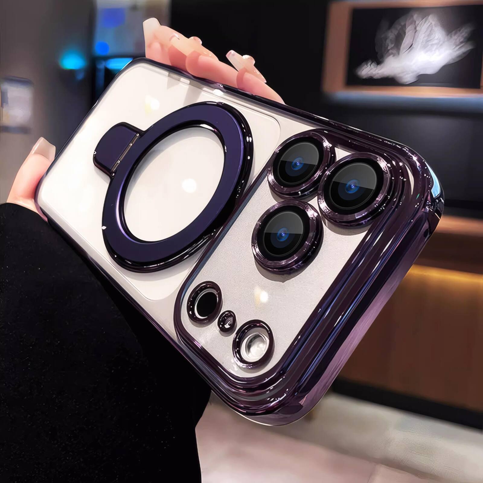 Angle. UUCOVER - Magnetic Case for iPhone 18 Pro Max,Shockproof TPU+PC Clear Case Ring Stand Compatible with MagSafe Camera Lens Cover - Darkpurple.