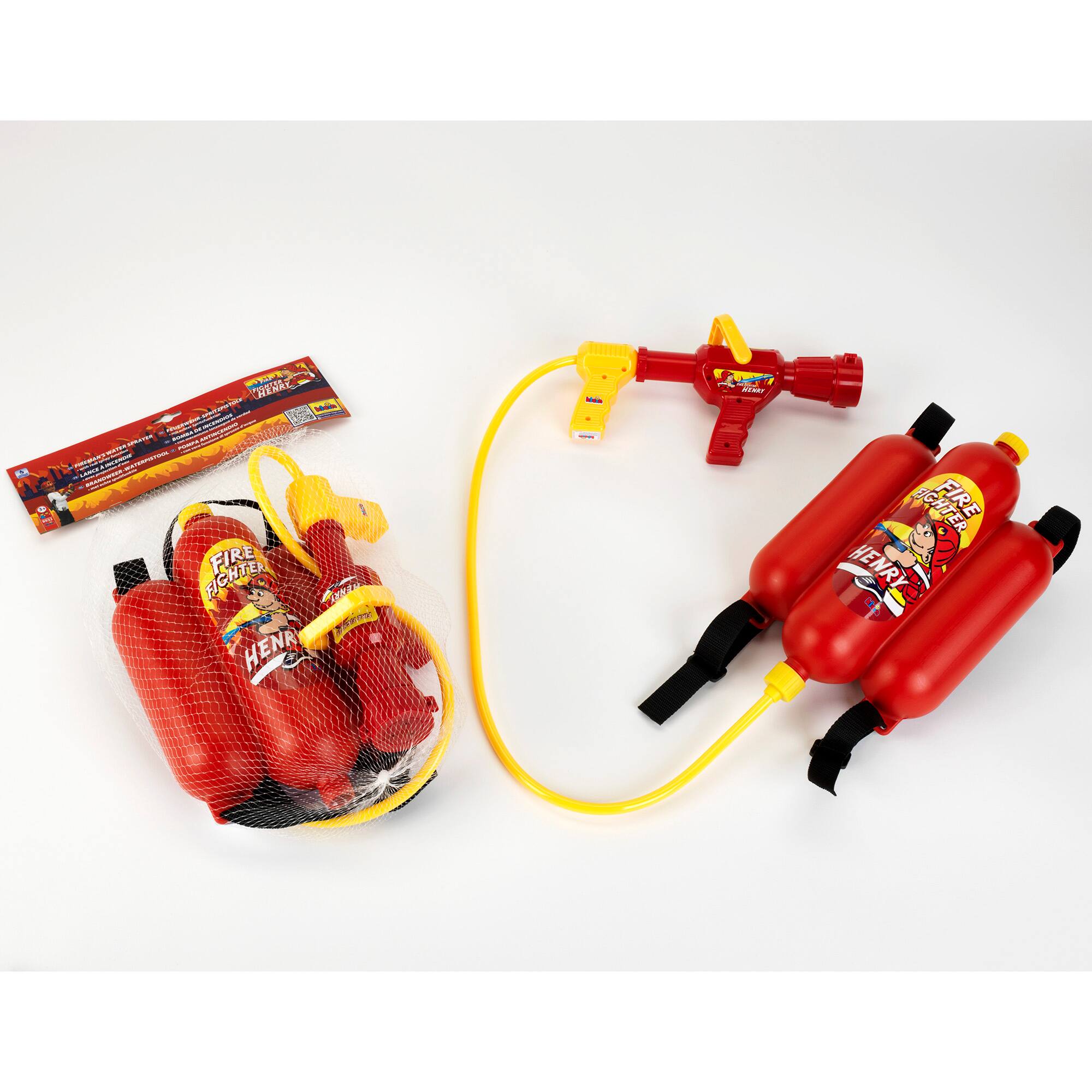 The image shows a toy fire hose and a toy fire hydrant, both designed for children to play with. The fire hose is yellow and red, and it is connected to the fire hydrant, which is also red. The toy fire hose is made of plastic and is designed to be used with a water pump, which is not visible in the image. The toy fire hydrant is also made of plastic and is designed to be connected to the fire hose.