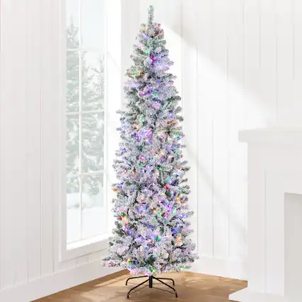 Front. Best Choice Products - Best Choice Products 4.5ft Prelit Artificial Snow Flocked Pencil Christmas Tree 150 Multicolored/ Warm-White Light Modes - Dual White/Multi Color Lights.