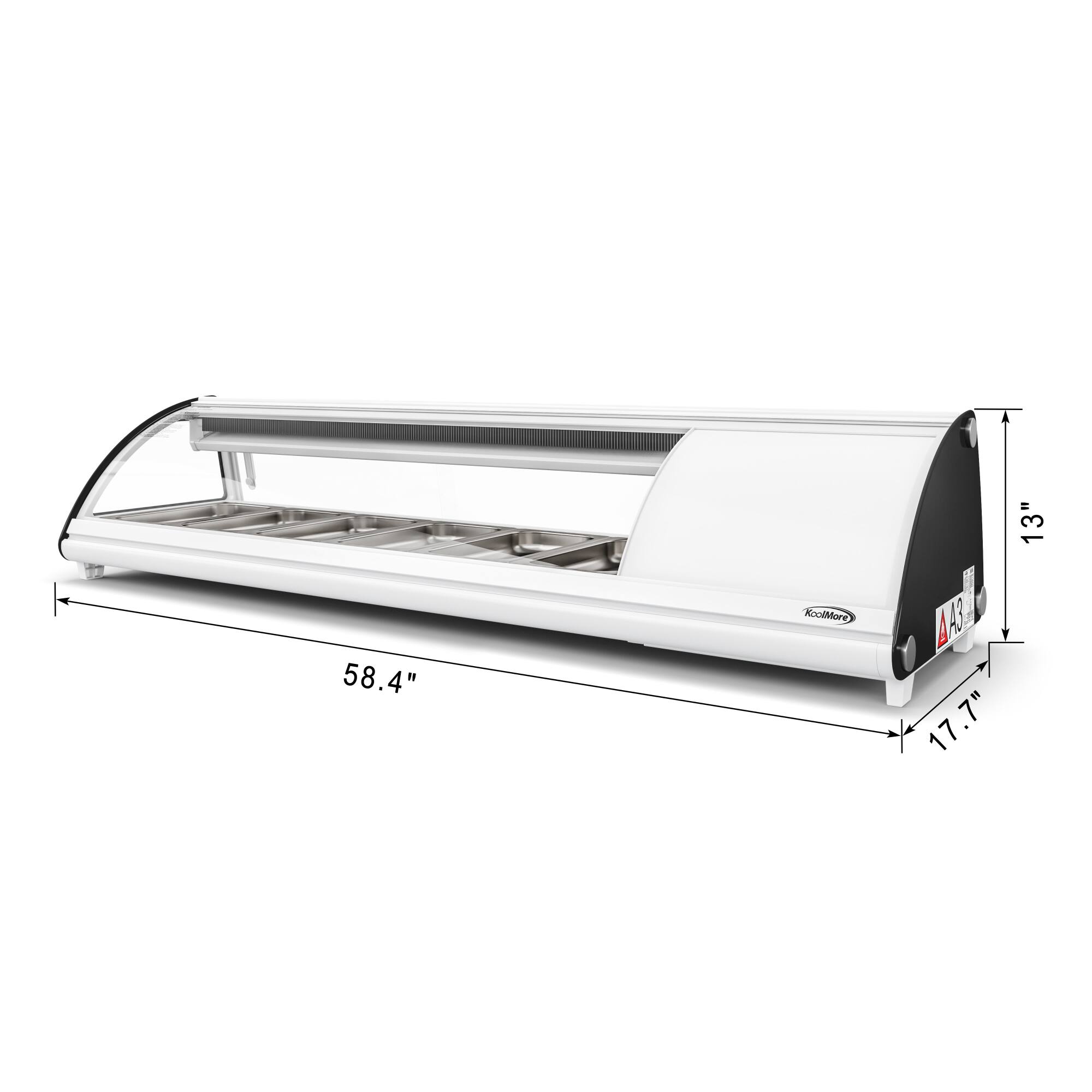 The text on the image reads: "13" 58.4" KoolMert A3 17.7" .7" 17". This can be grouped and corrected as follows:

"13" 58.4" KoolMert A3 17.7" .7" 17"

The text describes the dimensions of a white appliance, likely a toaster oven or a microwave. The measurements are given in inches, with the first number representing the width, the second number representing the height, and the third number representing the depth. The last number is the width of the door or opening.