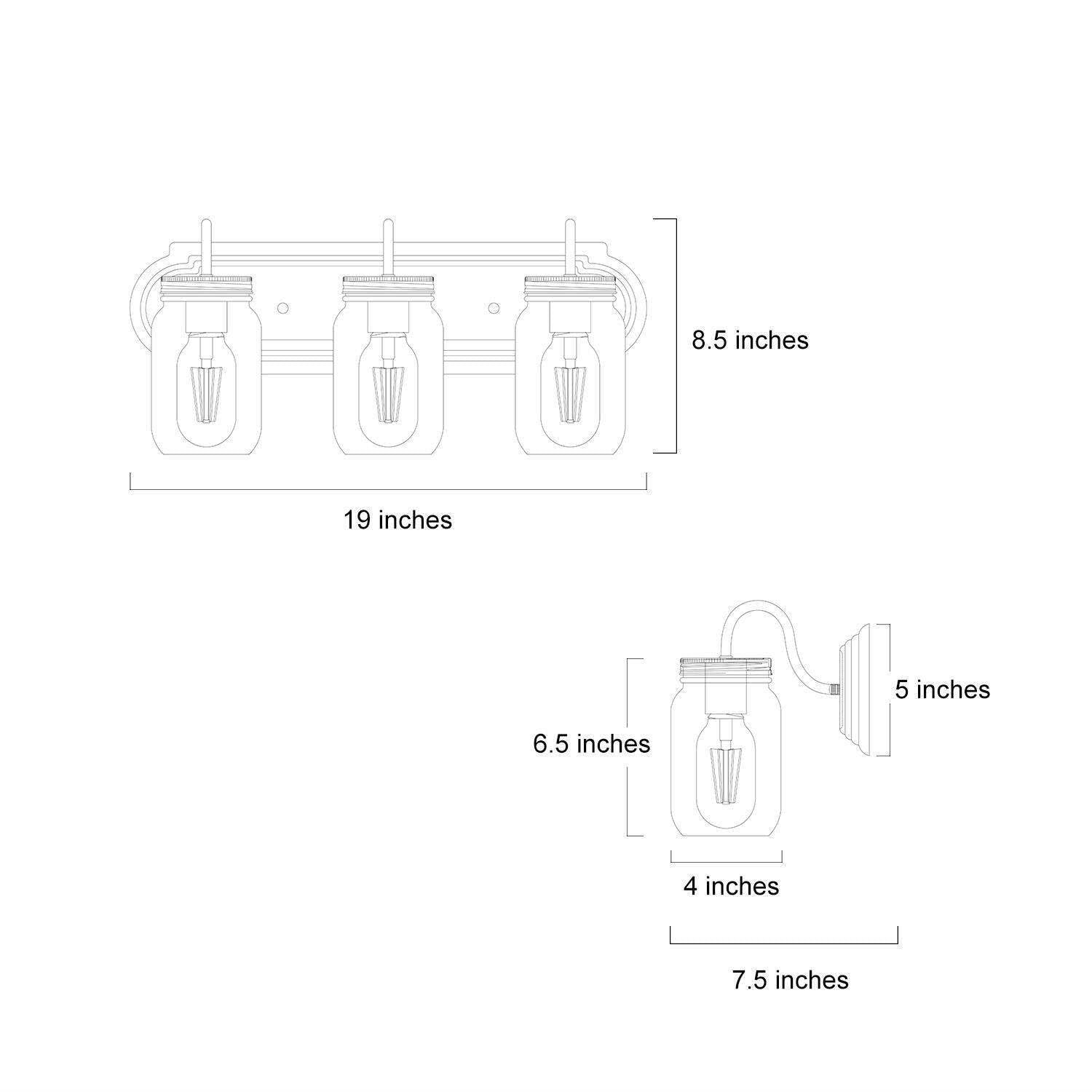 - 8.5 inches
- 19 inches
- 5 inches
- 6.5 inches
- 4 inches
- 7.5 inches
