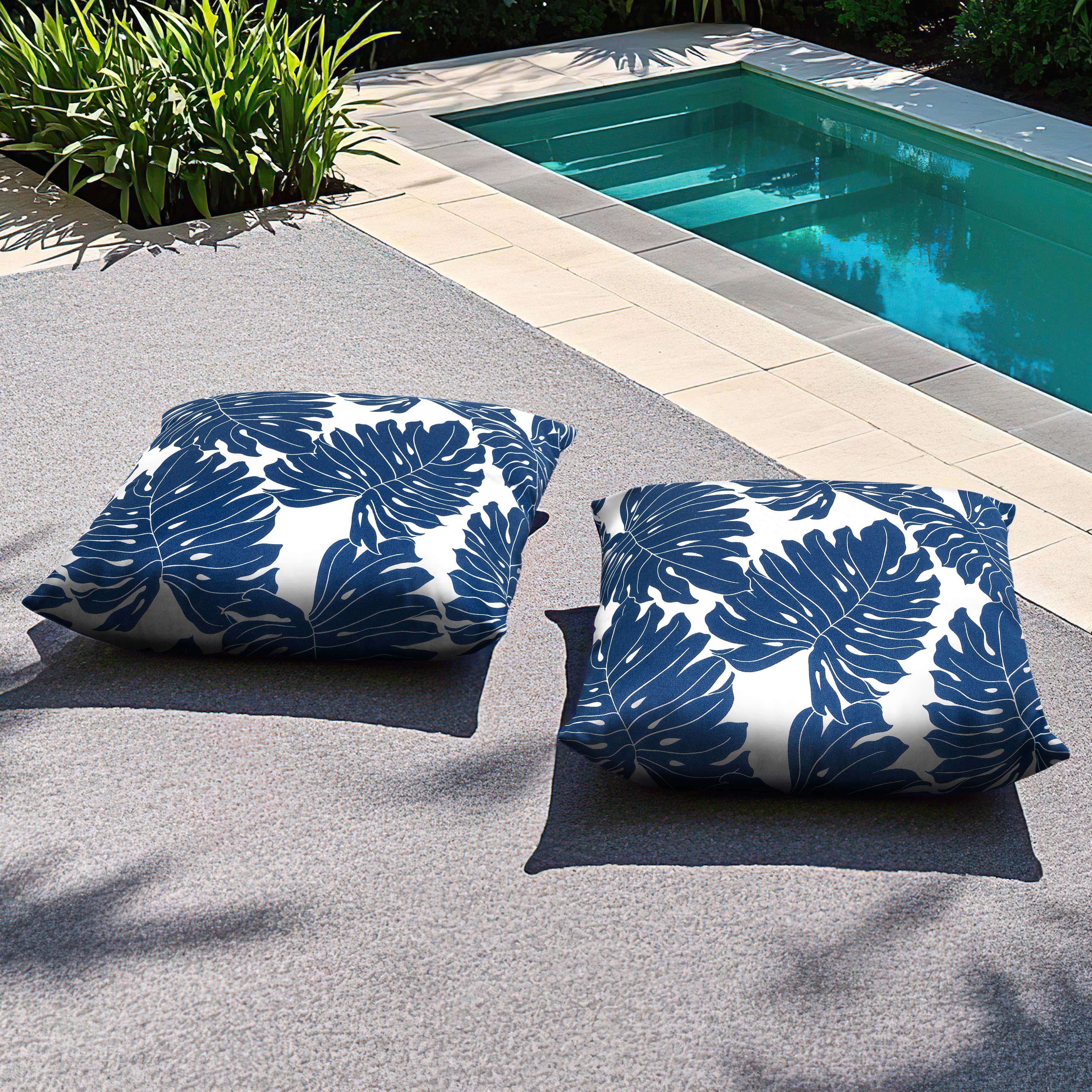 Left. Nuu Garden - Outdoor Patio Water-Resistant Throw Pillows Set of 2 - Palm Leaf Pattern.