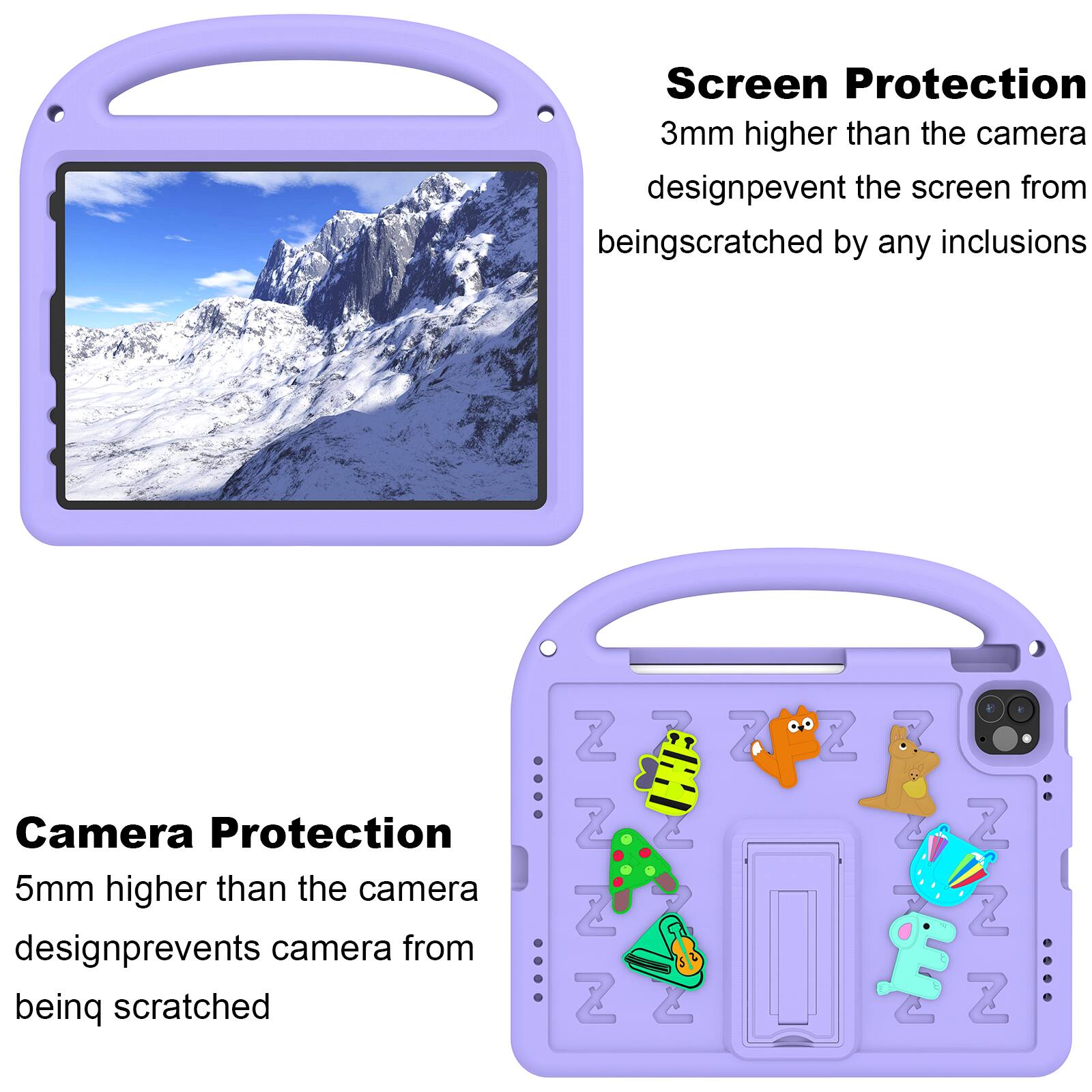 Screen Protection  
3mm higher than the camera design prevents the screen from being scratched by any inclusions

Camera Protection  
5mm higher than the camera design prevents the camera from being scratched