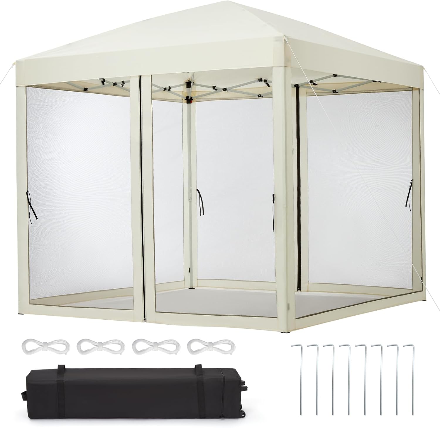 Front. Homhougo - 10 ft x10 ft Instant Pop-Up Canopy Tent with Removable Mosquito Netting & 2 Zipper Doors, Portable Outdoor Shelter - Beige 10x10 Ft.