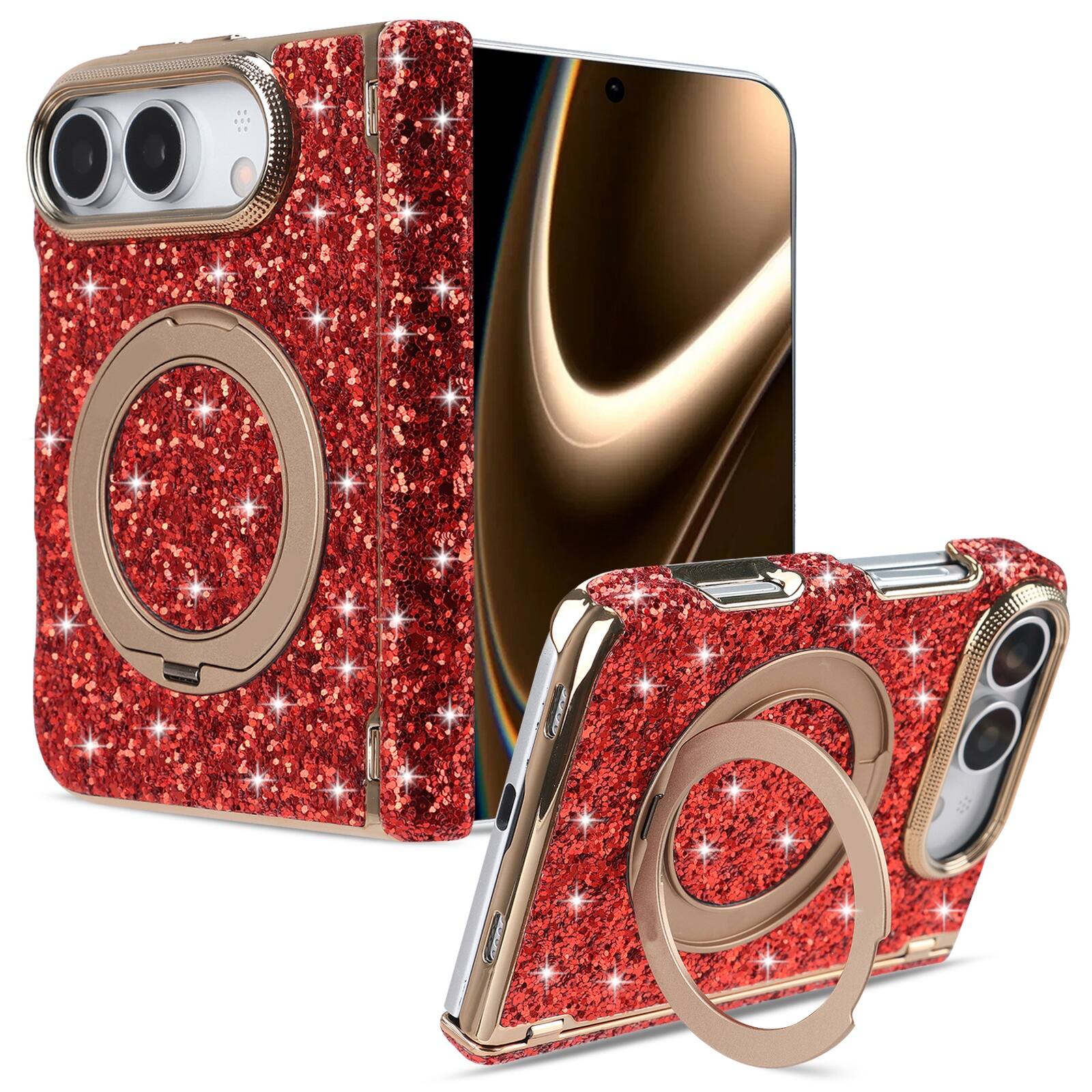 Front. Dteck - Rotating Ring Kickstand for iPhone Duo 2026, Shockproof Magnetic Hinge Protection Bling Glitter Cover - Red.