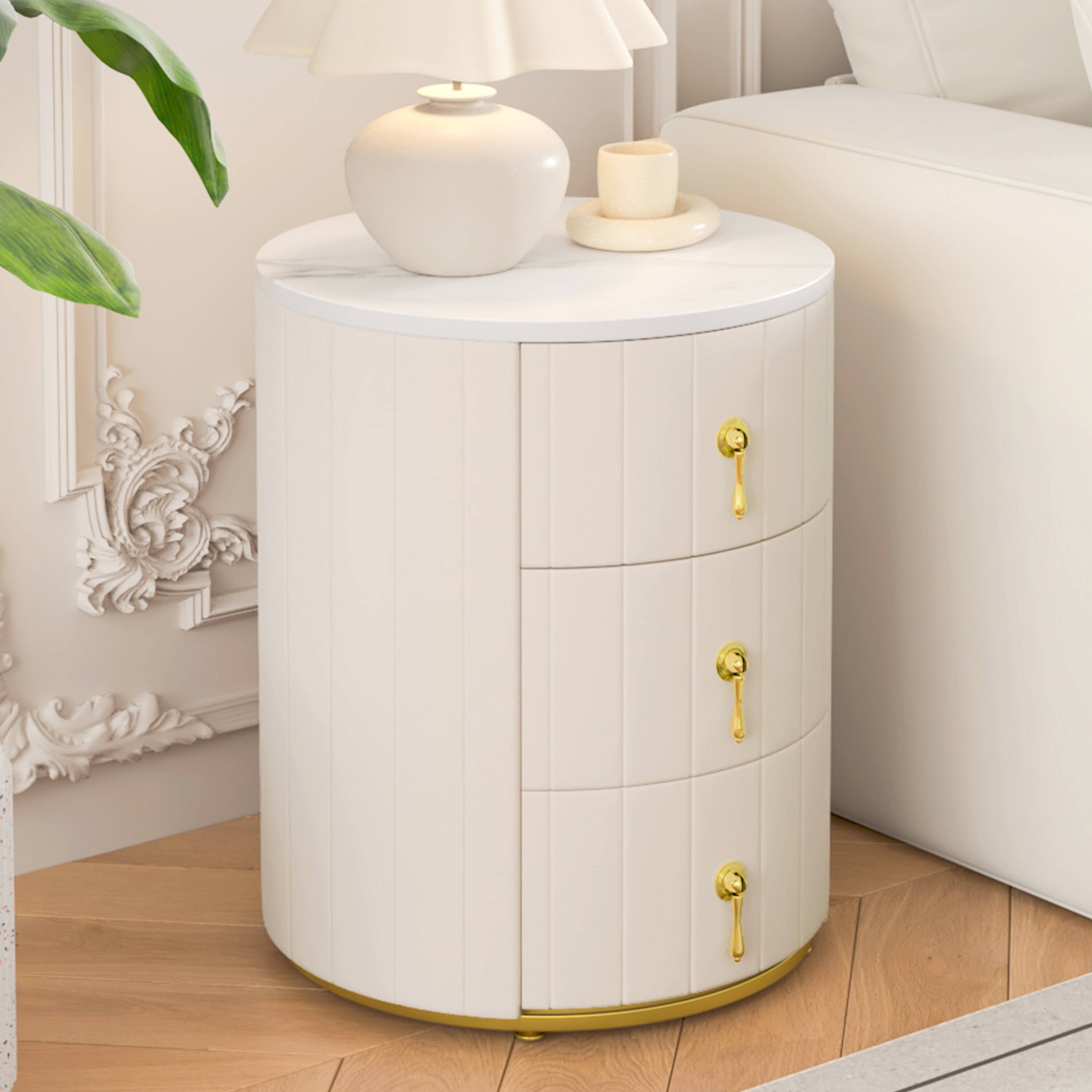 Angle. Spaco - Spaco Upholstered Round Nightstand with 3 Drawers and Metal Handles, Marbling Sticker Top for Bedroom - Beige.
