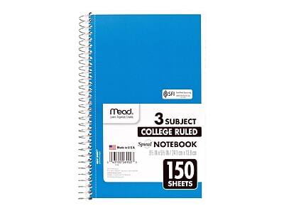 SFI Mead  
Leens Design Co.  

3 Subject  
College Ruled  
Spiral Notebook  

150 Sheets  

Made in USA  

Dimensions: 8.5" x 11" (21.6 cm x 27.9 cm)