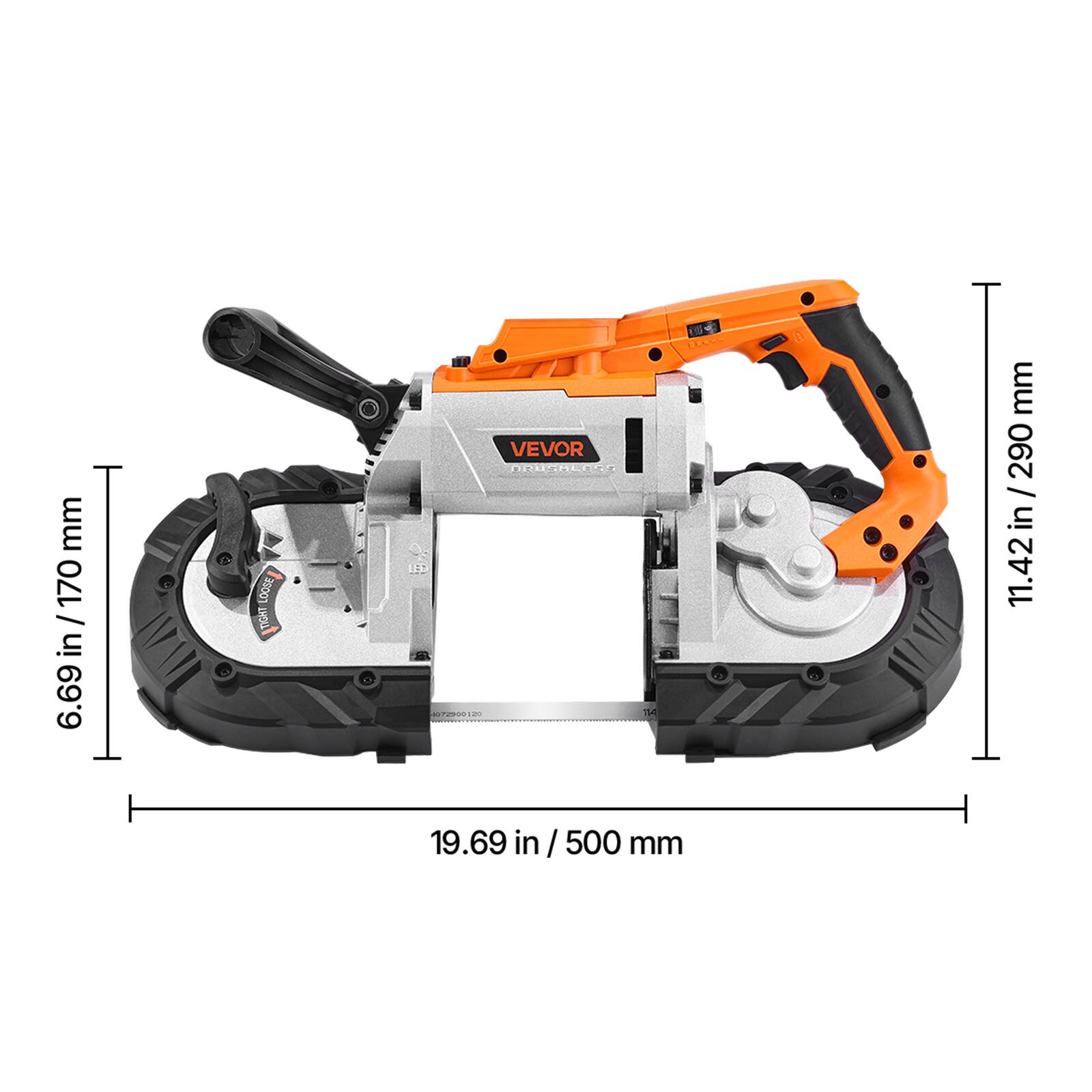 mm 170 / in 6.69  
LOOSE TIGHT  
VEVOR DRUSMLESS LED 0072500121 NA 19.69 in / 500 mm  
mm 290 / 11.42  
11.42 in / 290