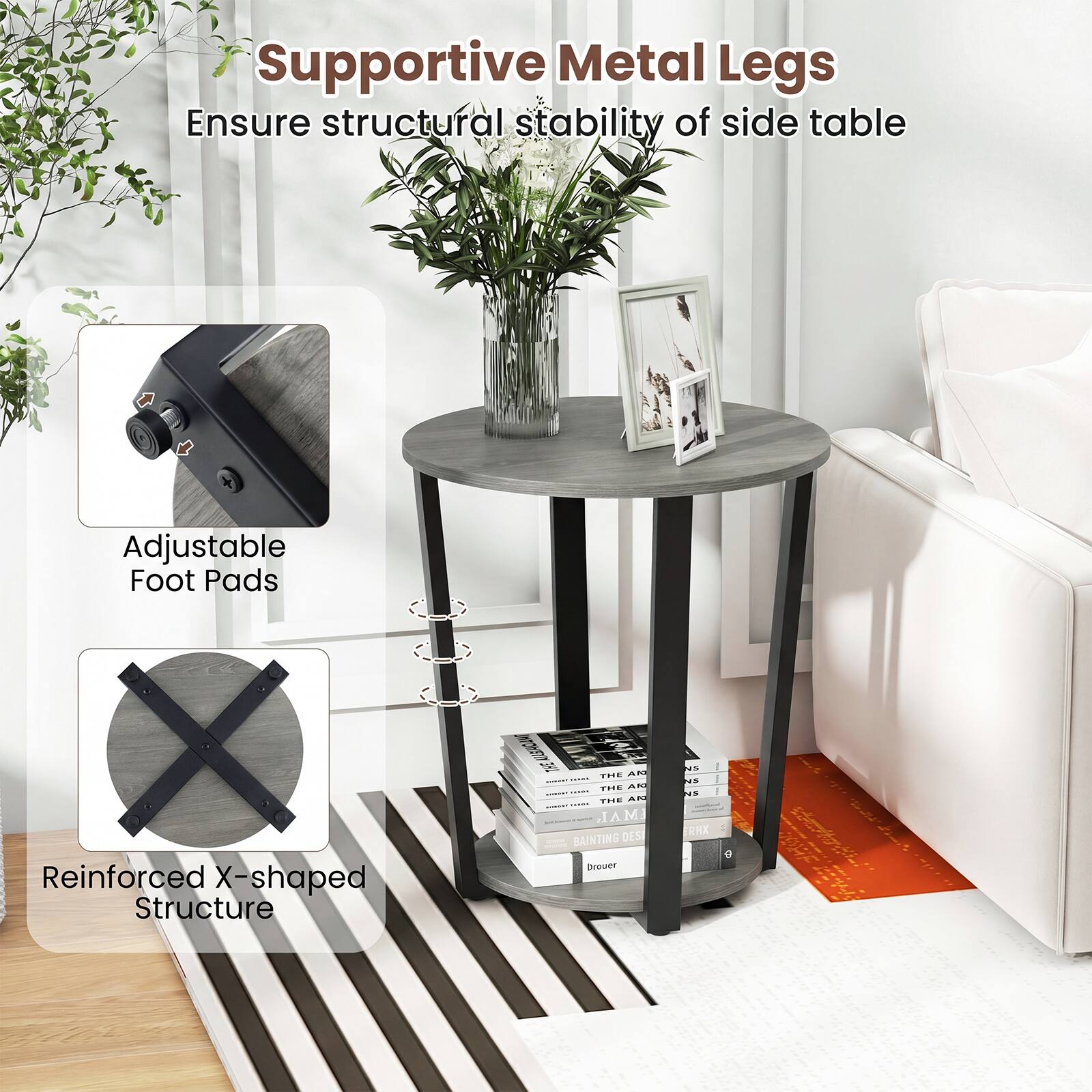Supportive Metal Legs Ensure structural stability of side table Adjustable Foot Pads Reinforced X-shaped Structure