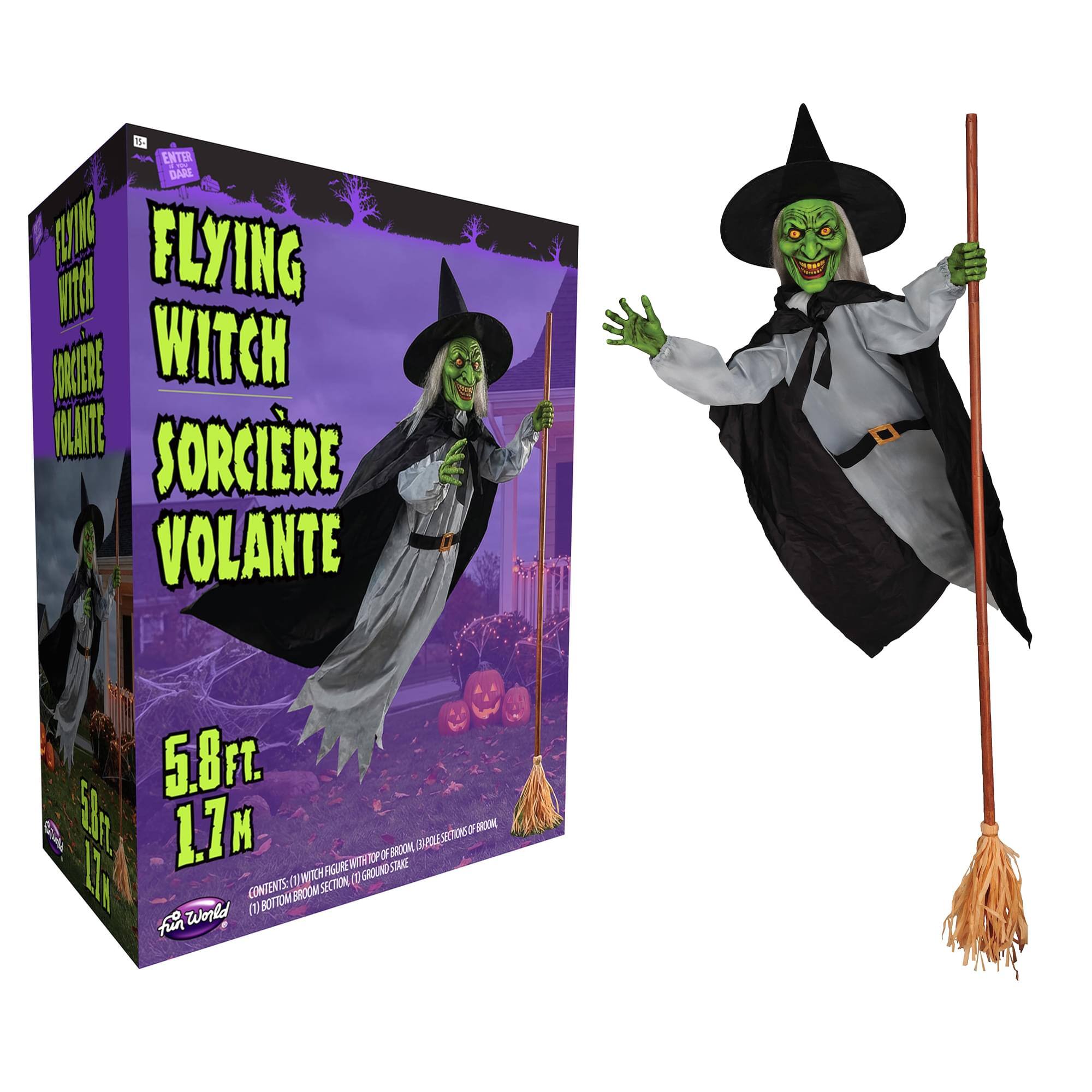 16- ENTER DARE CATING m FLYING WITCH VOLANTE
5.8ft. 1.7M
SECTIONS BROOM, S BROOM, CBIPOLE TOP OF (1)WITCH FIGURE (1)GROUND STAKE CONTENTS: BROOM SECTION, World (1) BOTTOM