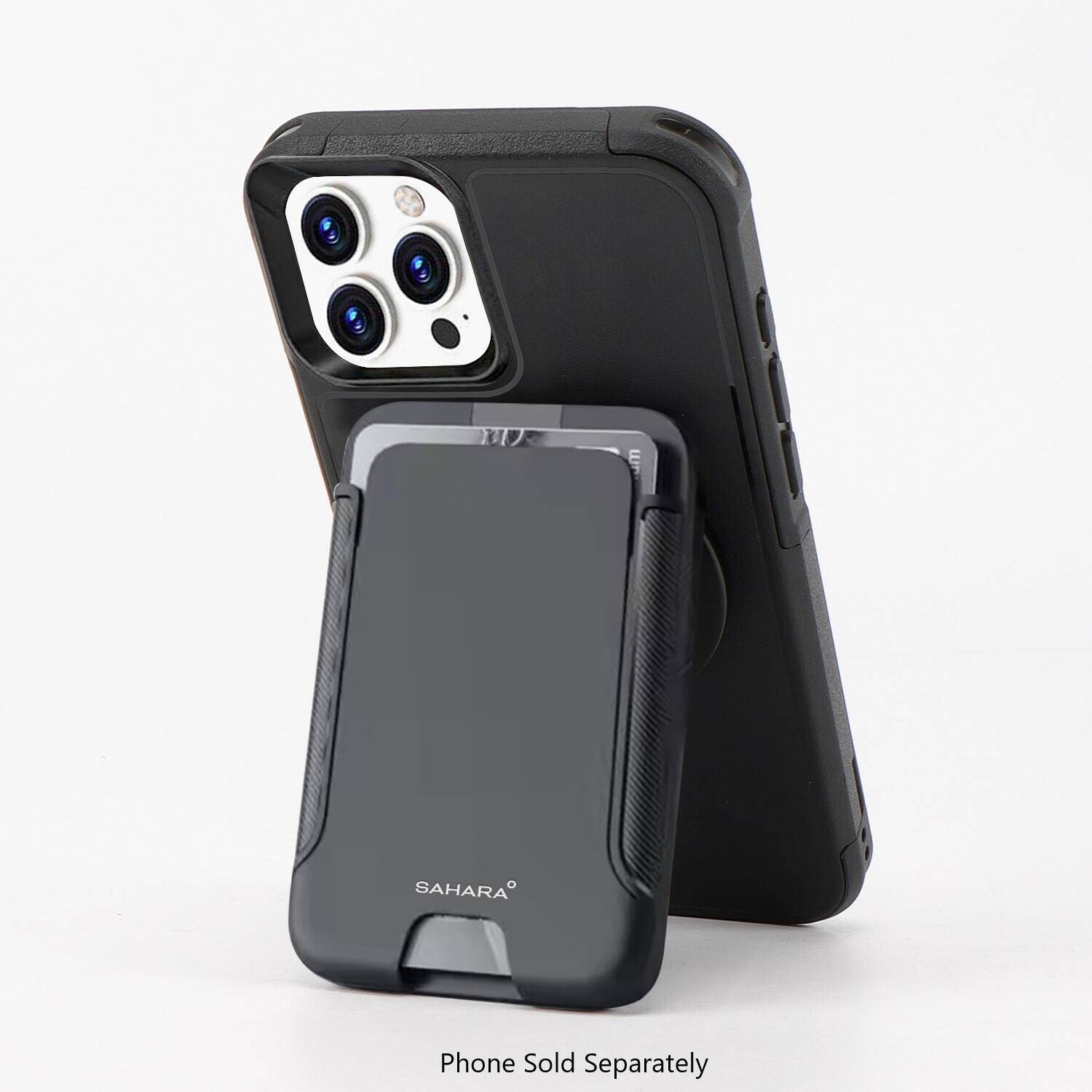 The image features a phone case and a phone stand. The case is black and has a Sahara design. The stand is also black and is designed to hold the phone at an angle. The phone is not visible in the image, but it is implied that it is sold separately.