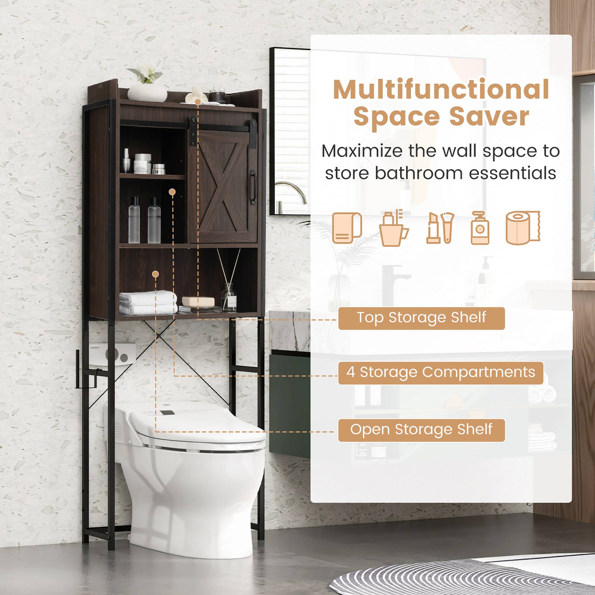 Multifunctional Space Saver  
Maximize the wall space to store bathroom essentials  

- Top Storage Shelf  
- 4 Storage Compartments  
- Open Storage Shelf