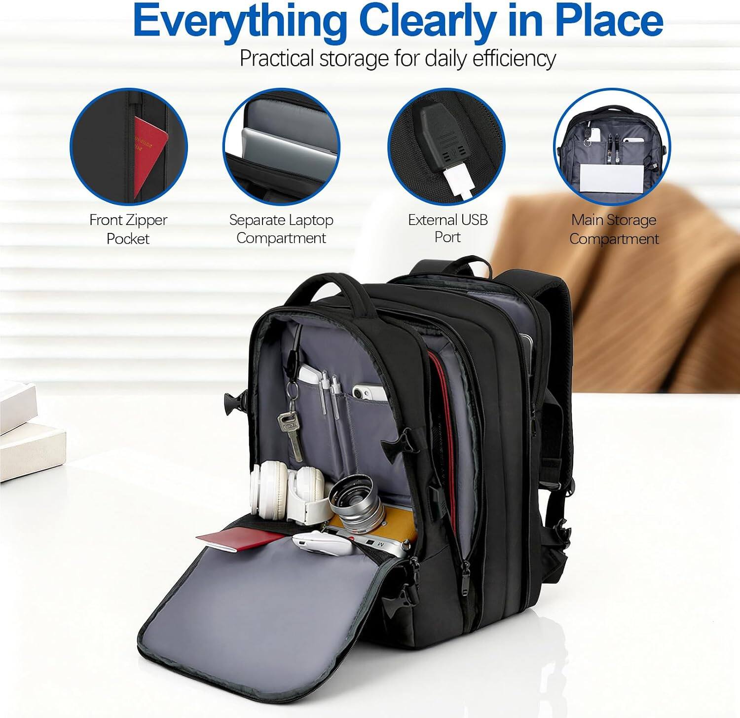 Everything Clearly in Place  
Practical storage for daily efficiency  
Front Zipper Pocket  
Separate Laptop Compartment  
External USB Port  
Main Storage Compartment