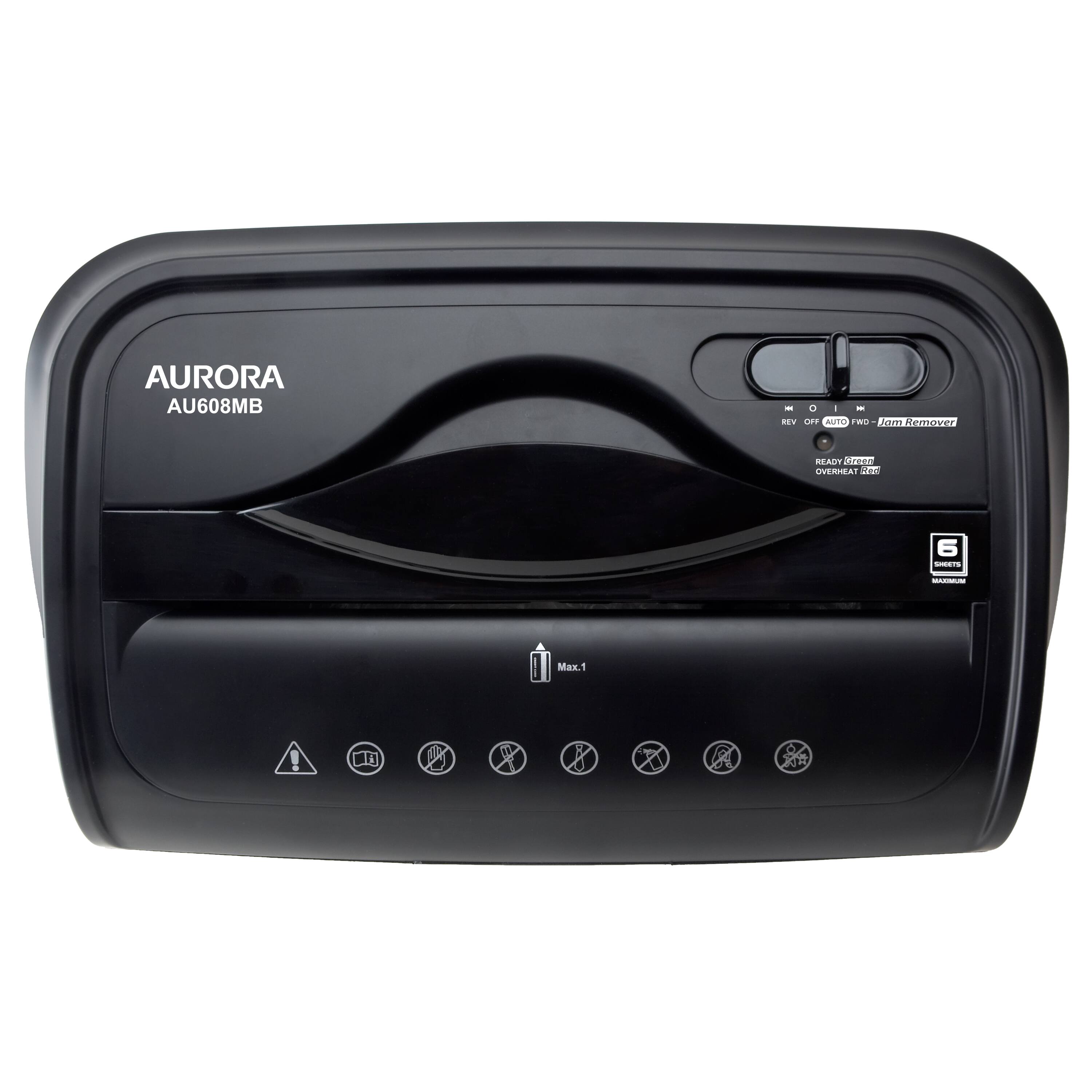 AURORA  
AU608MB  

REV OFF AUTO w Jam Remover  

READY/HEAT  
OVERHEAT  

Max.1  

BIS  
HACCP  

(Various icons indicating usage and safety instructions)