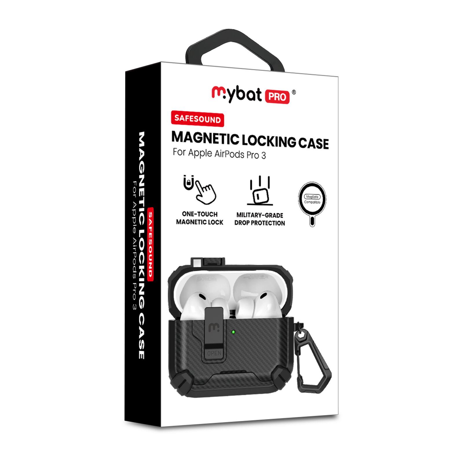 Mybat PRO  
MAGNETIC LOCKING CASE  
For Apple AirPods Pro 3  

SAFESOUND  
ONE-TOUCH MAGNETIC LOCK  
MILITARY-GRADE DROP PROTECTION  

MAGNETIC LOCKING CASE  
For Apple AirPods Pro 3  
SAFESOUND