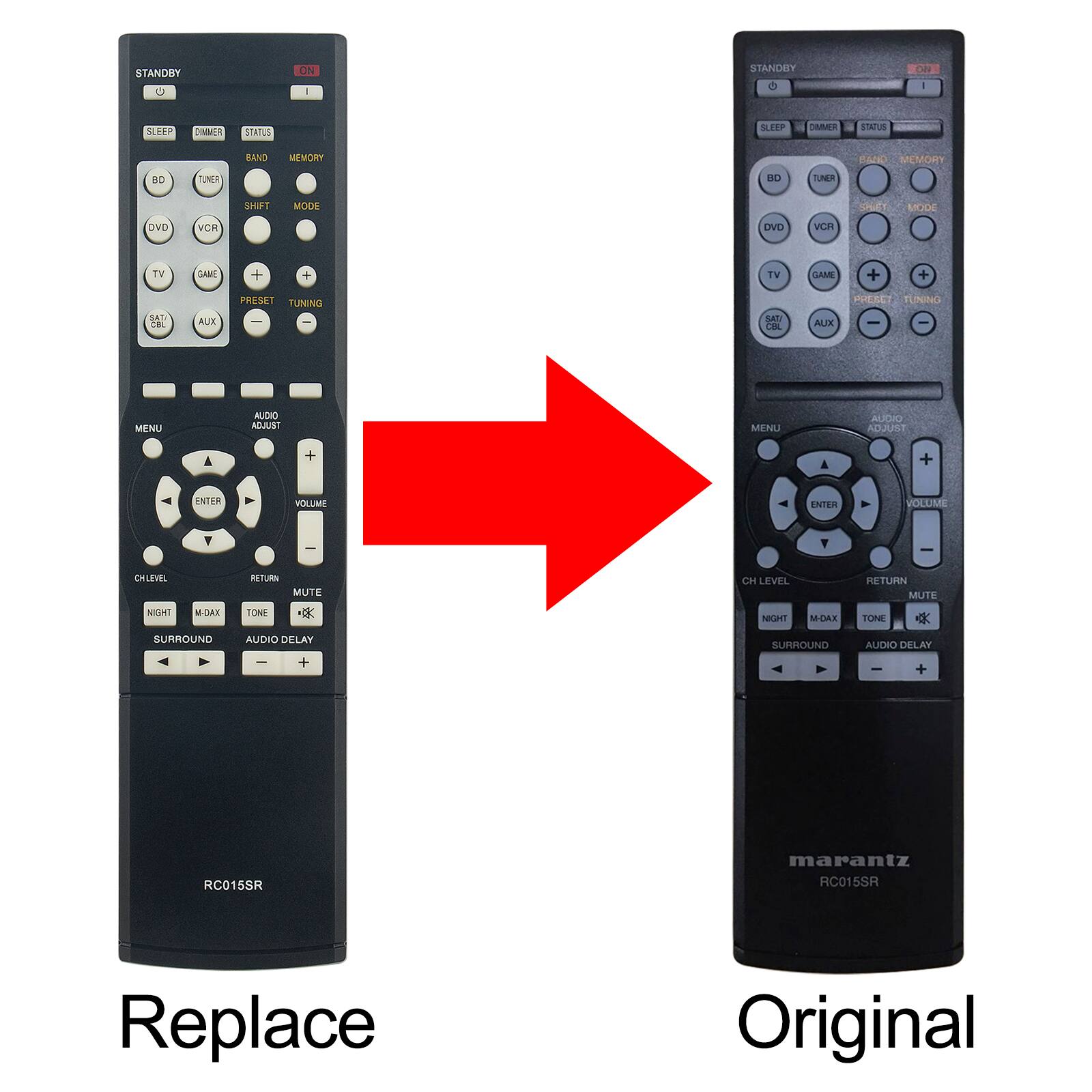 STANDBY  
ON  
SLEEP  
DIMMER  
STATUS  
BAND  
MEMORY  
BD  
TUNER  
DVD  
VCR  
TV  
GAME  
SAT  
AUX  
PRESET  
TUNING  
MENU  
AUDIO  
ADJUST  
CH LEVEL  
RETURN  
NIGHT  
M-AX  
TONE  
MUTE  
SURROUND  
AUDIO DELAY  
RC015SR  

Replace  

Original  
marantz  
RC015SR
