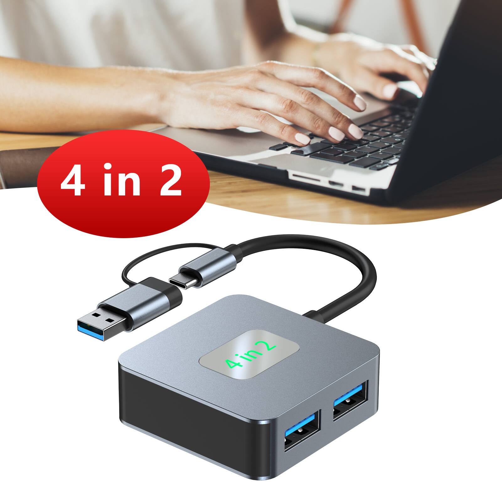 Alt View 2. Topteng - 4-Port USB 3.2 Hub, 10Gbps Each - Dual Input (USB-C/USB-A), Aluminum, for MacBook/iPad Pro/PC.