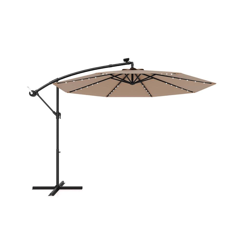 Angle. Kadyn - 10 Feet Solar Offset Hanging Umbrella with 40 Lamp Beads and Solar Panel-Tan, Patio Offset Umbrella with Tilt Adjustment.