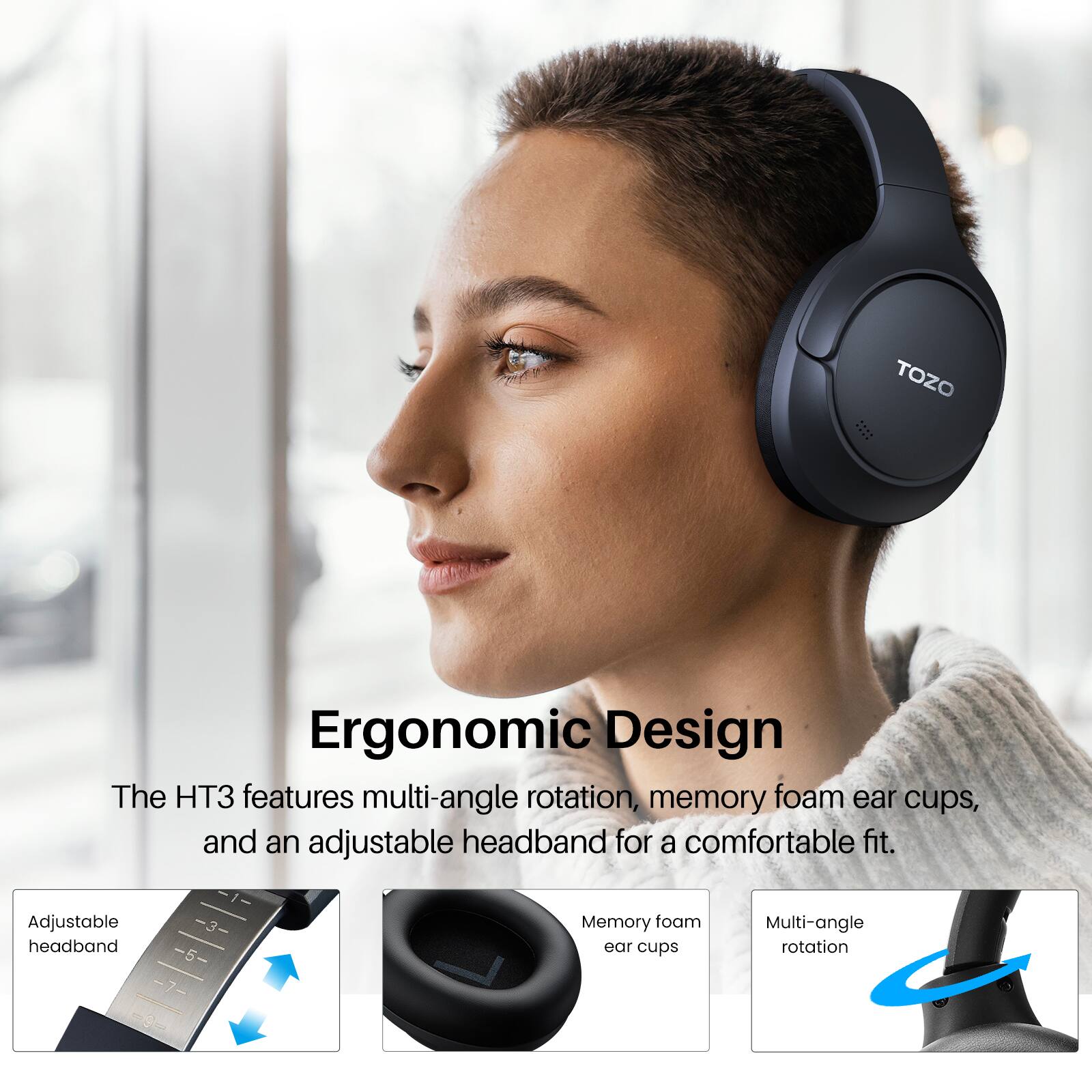 Ergonomic Design

The HT3 features multi-angle rotation, memory foam ear cups, and an adjustable headband for a comfortable fit.

- Adjustable headband
- Memory foam ear cups
- Multi-angle rotation