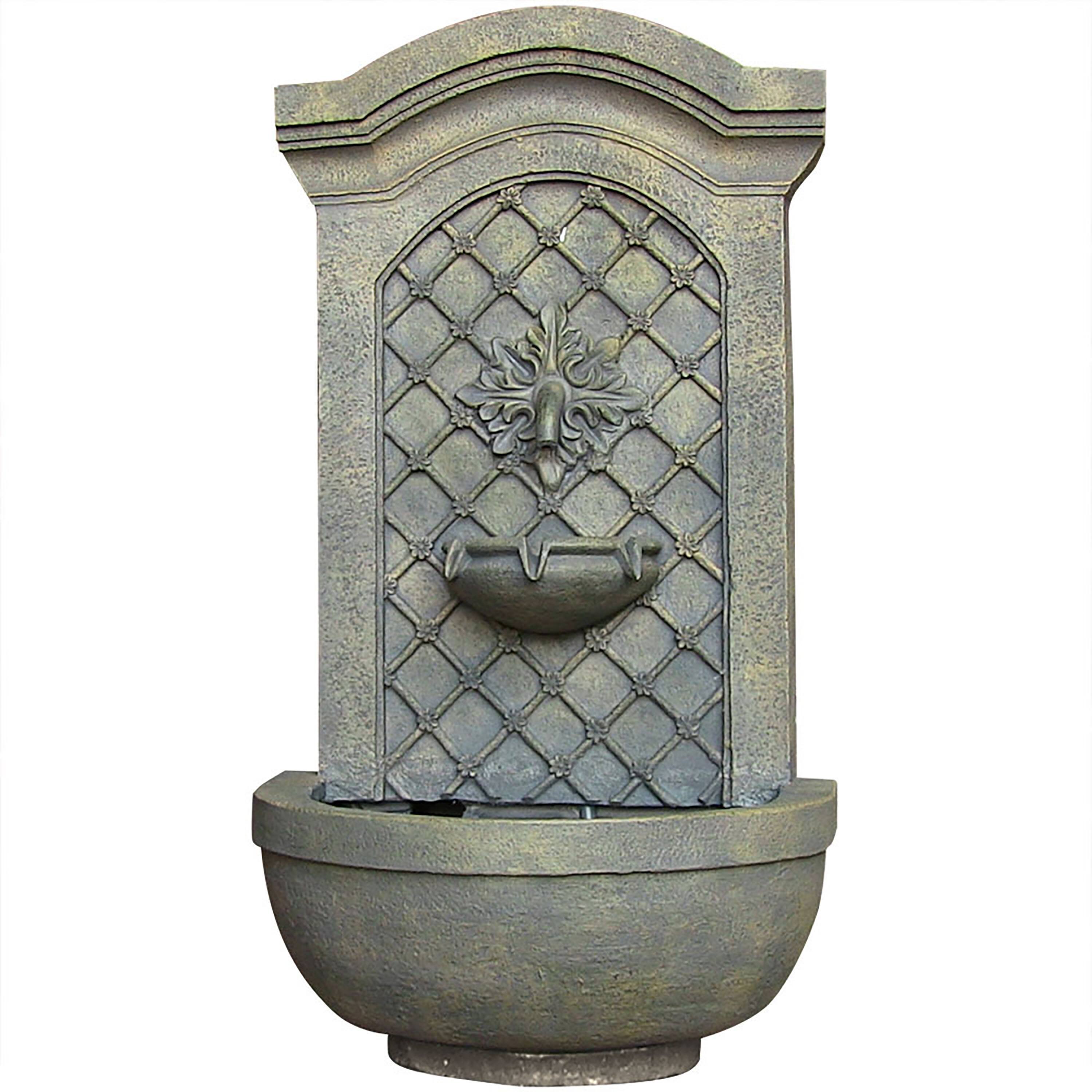 Front. Sunnydaze - Rosette Leaf Polystone Outdoor Wall Fountain - French Limestone.