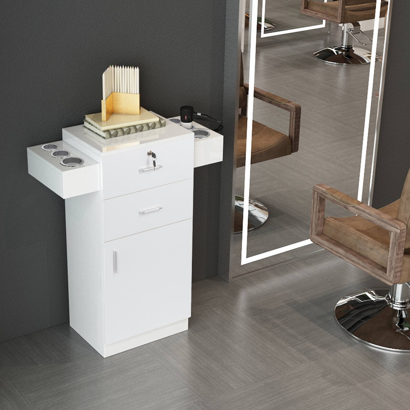 Back. Winado - Salon Station Barber Storage Cabinet with 2 drawers & Cabinet & 6 Hair Dryer Holders for Hair Styling Makeup Beauty Spa - White.