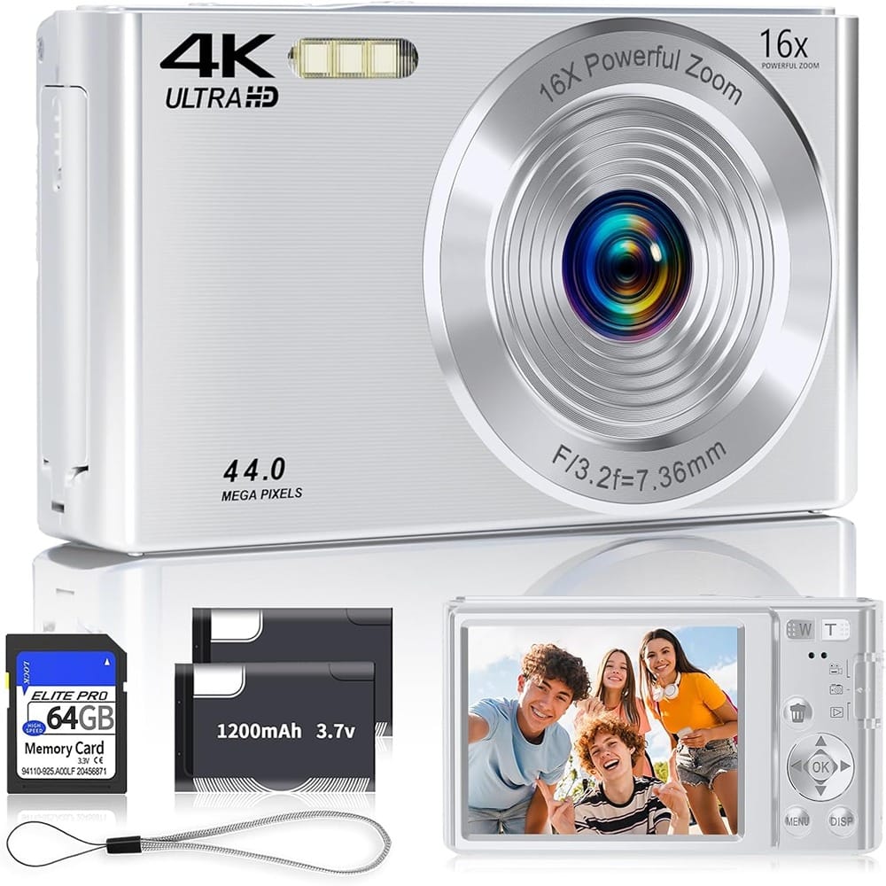 ACJPR - 4K 44MP Digital Camera, Autofocus, 16X Zoom, 64GB Card (Silver)