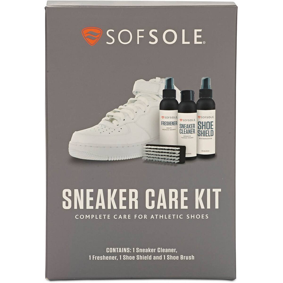 SOFSOLE. SOFSOLE SOFSOLE FRESHENER SHOE .... SNEAKER FERUER 0 CLEANER SHIELD Cee ..... 019 SNEAKER CARE KIT COMPLETE CARE FOR ATHLETIC SHOES CONTAINS: 1 Sneaker Cleaner, 1 Freshener, 1 Shoe Shield and 1 Shoe Brush