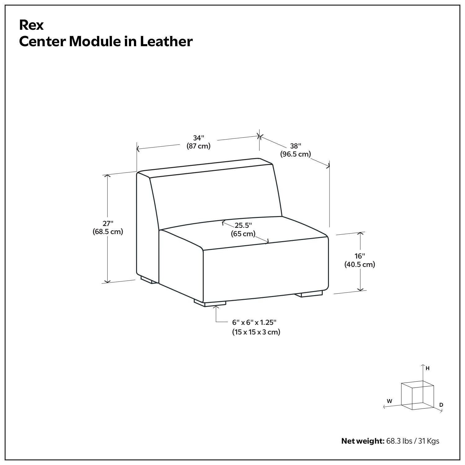 Rex Center Module in Leather

- Height: 38" (96.5 cm)
- Width: 34" (87 cm)
- Depth: 27" (68.5 cm)
- Shelf Depth: 25.5" (65 cm)
- Drawer Dimensions: 6" x 6" x 1.25" (15 cm x 15 cm x 3 cm)
- Net weight: 68.3 lbs / 31 Kgs