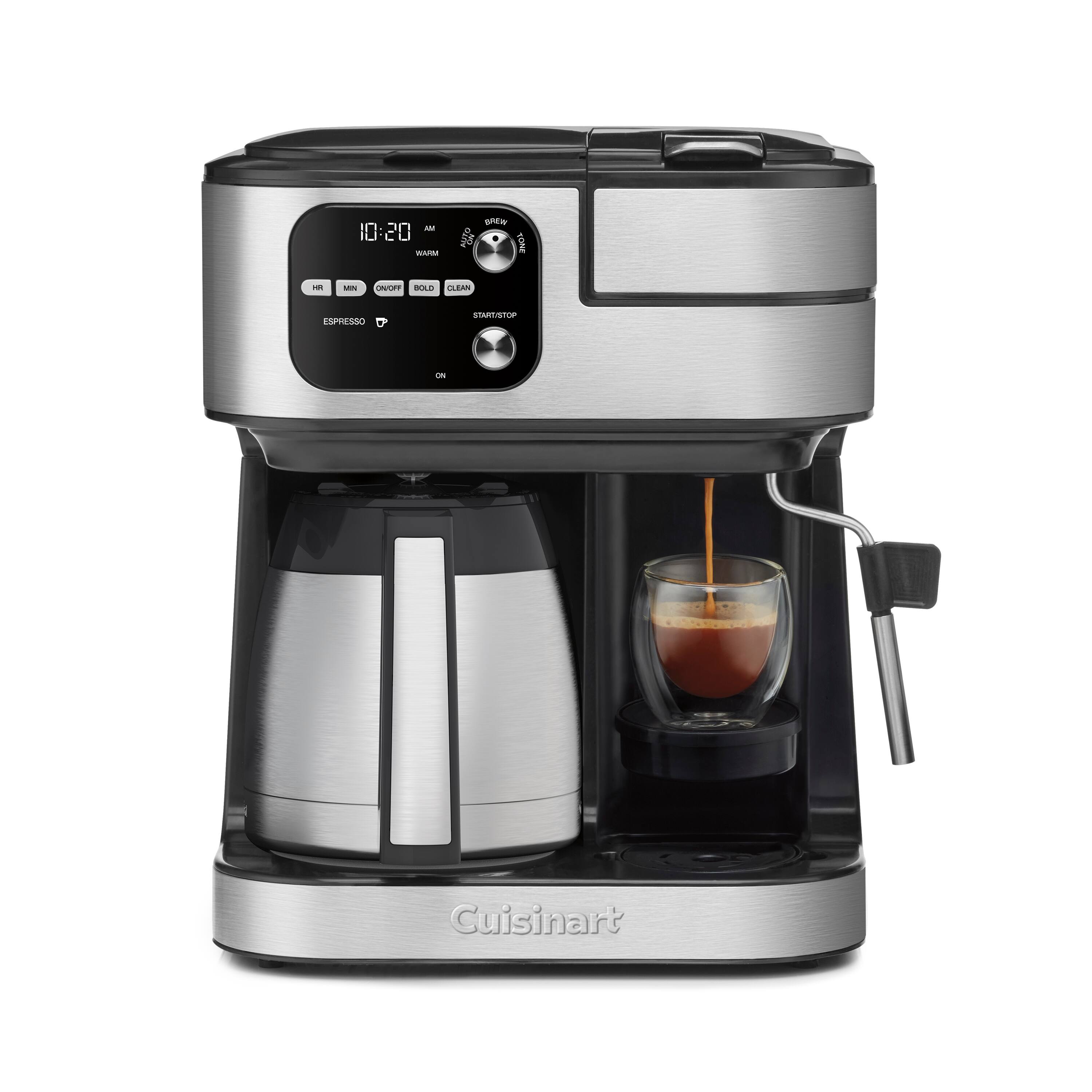 The image shows a Cuisinart espresso machine with a cup of espresso being poured. The machine has a digital clock that displays the time as 10:20.