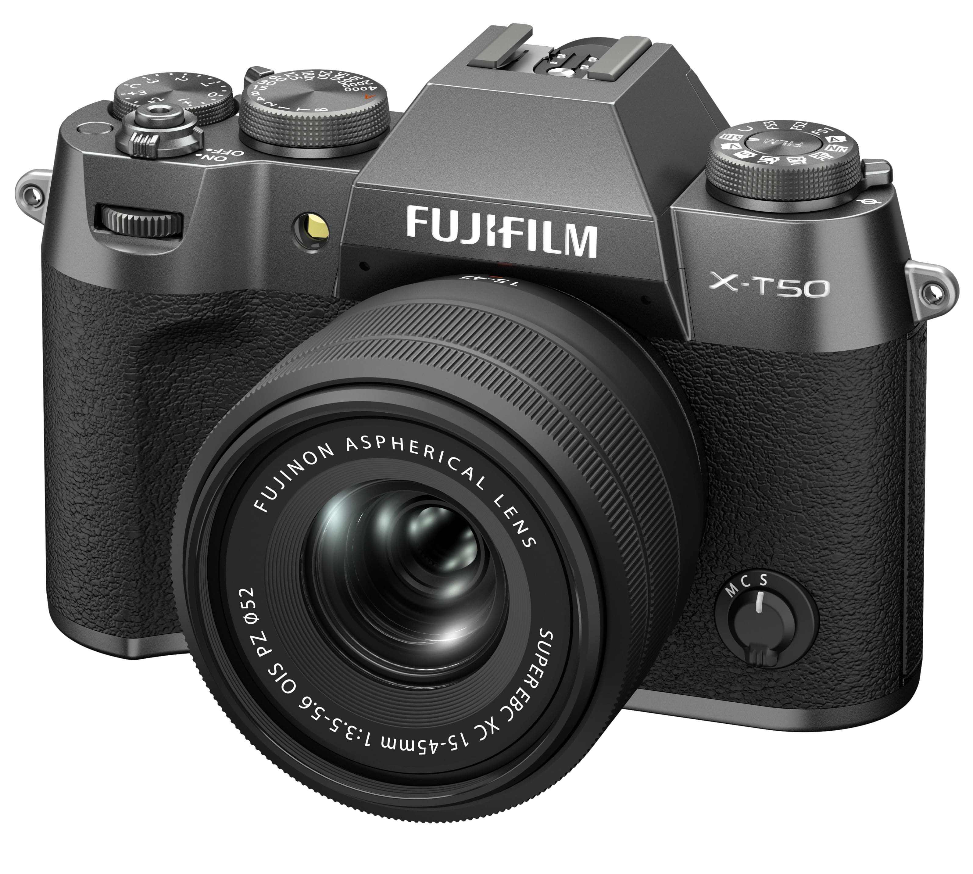 The image features a Fujifilm X-T50 camera with a Fujinon aspherical lens. The lens is large and prominently displayed in the foreground, while the camera body is positioned in the background. The camera is designed to capture high-quality images and is equipped with advanced features, such as a 1:3.5-5.6 EBC XC 15-45mm MCS lens for improved zoom capabilities. The camera is also equipped with a Super OIS feature for better image stabilization, making it suitable for various photography needs.